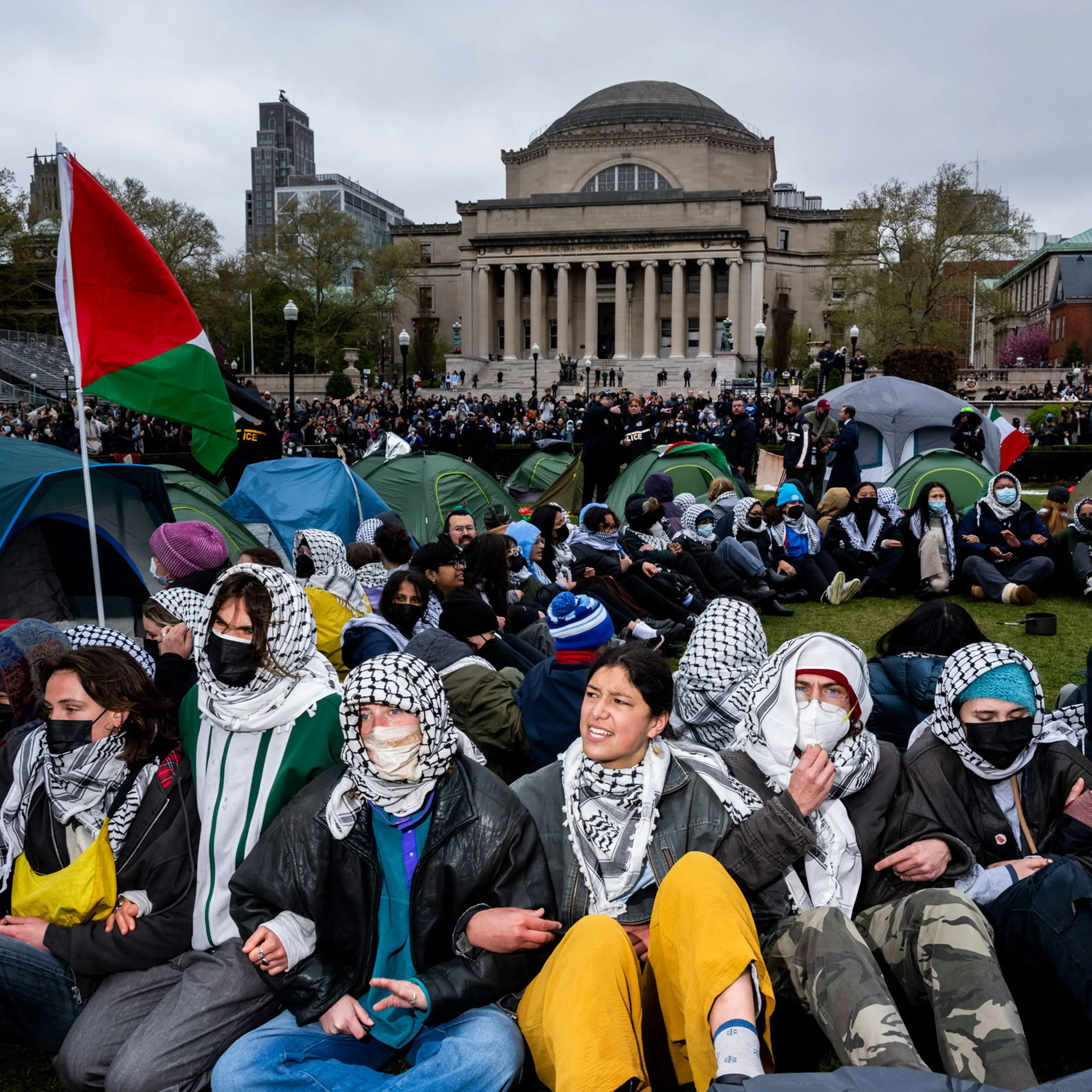 Students occupy the grounds of Columbia University in support of Palestinian rights, on April 18, 2024.