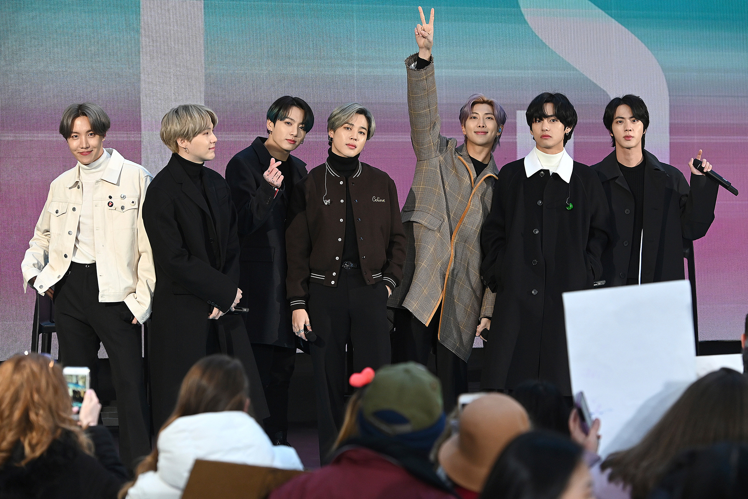 BTS members are seen onstage during a live interview on NBC's TODAY show at Rockefeller Plaza in New York City, Feb. 21