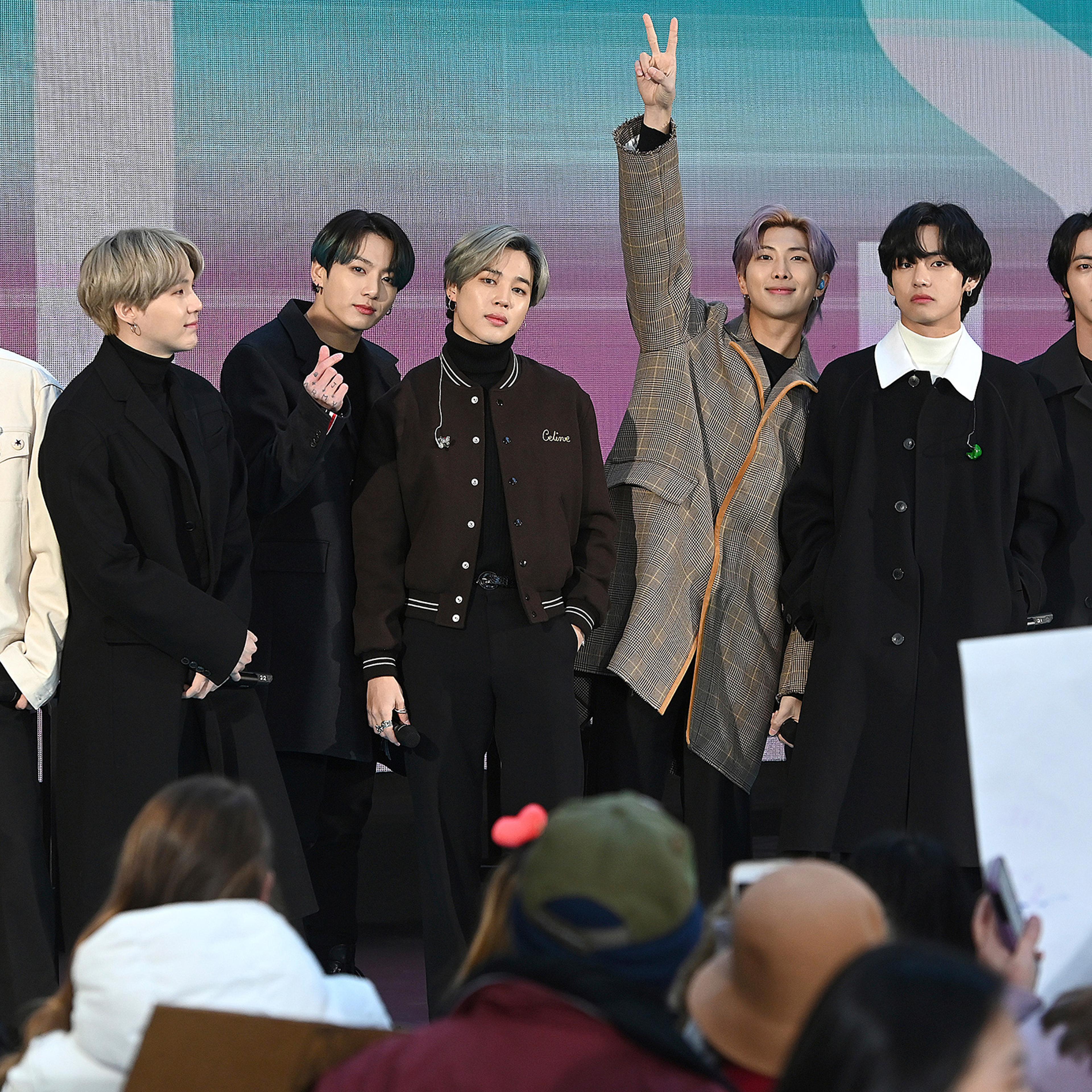 BTS members are seen onstage during a live interview on NBC's TODAY show at Rockefeller Plaza in New York City, Feb. 21