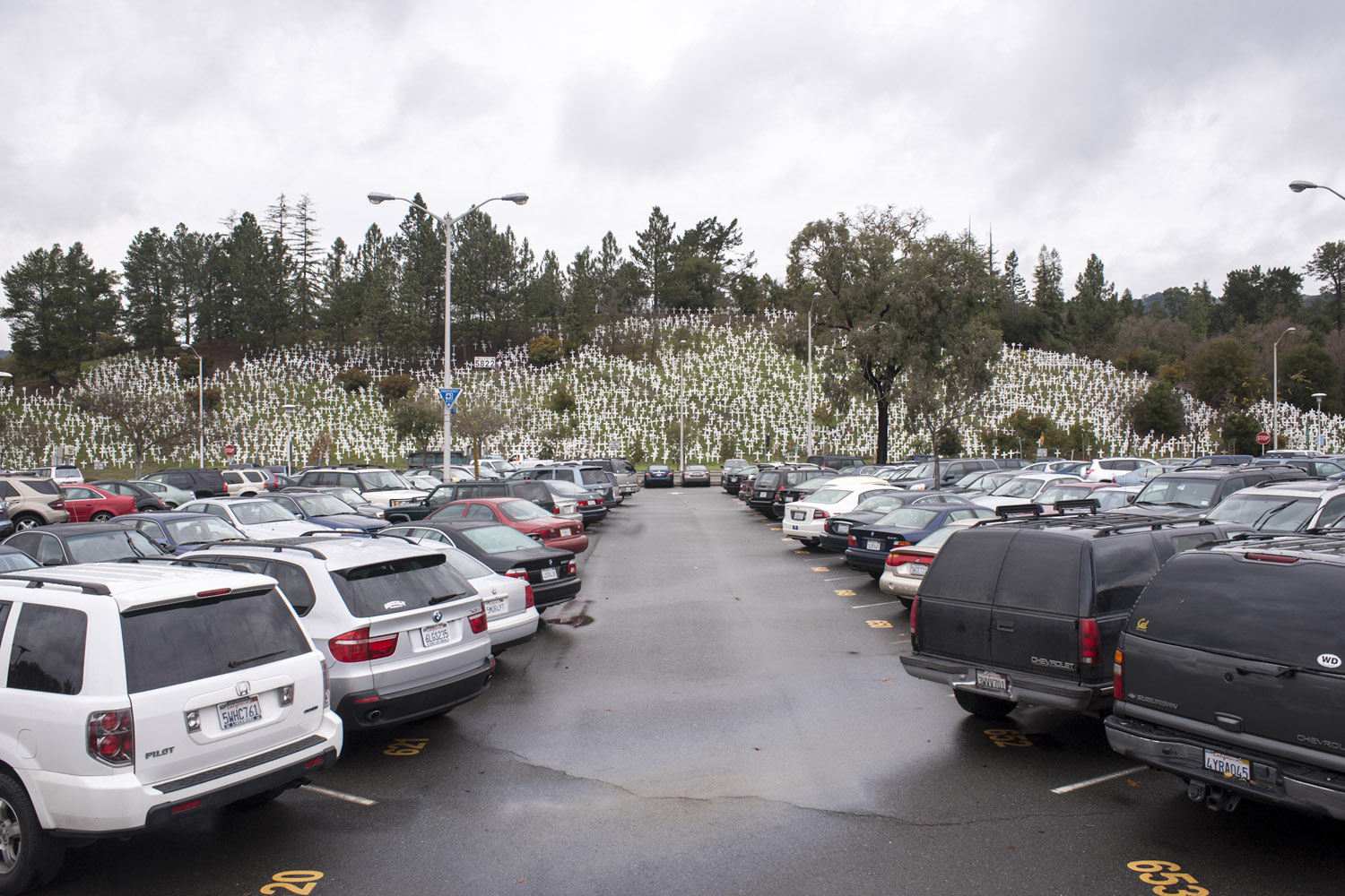 A memorial on a hill in suburban San Francisco with a cross representing every American soldier killed in Iraq and Afghanistan, December 2010.