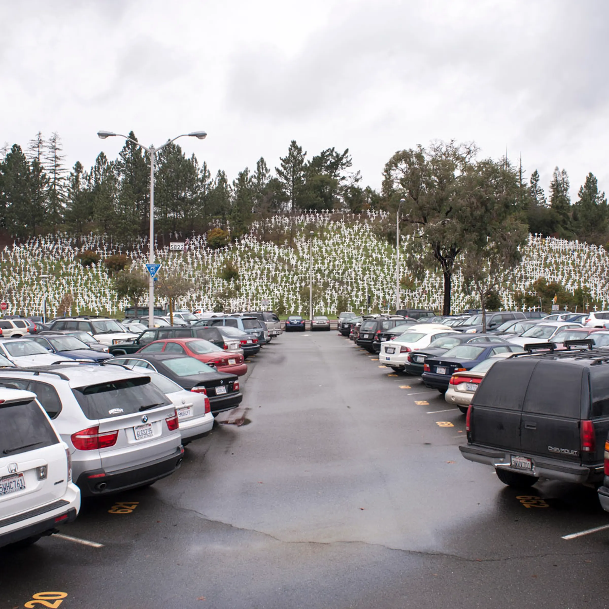 A memorial on a hill in suburban San Francisco with a cross representing every American soldier killed in Iraq and Afghanistan, December 2010.