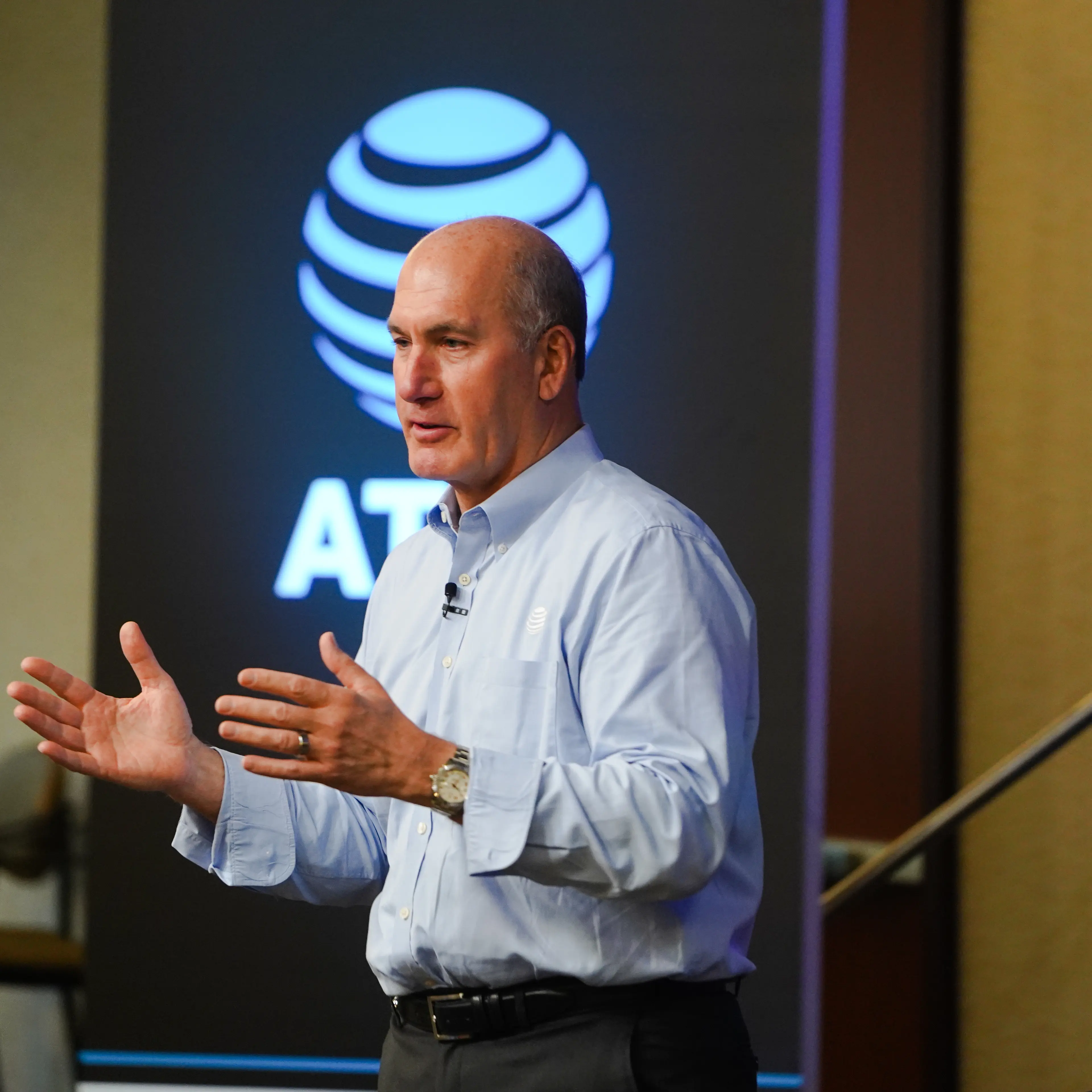John Stankey, CEO of AT&T, speaks with employees in Atlanta in June 2022.