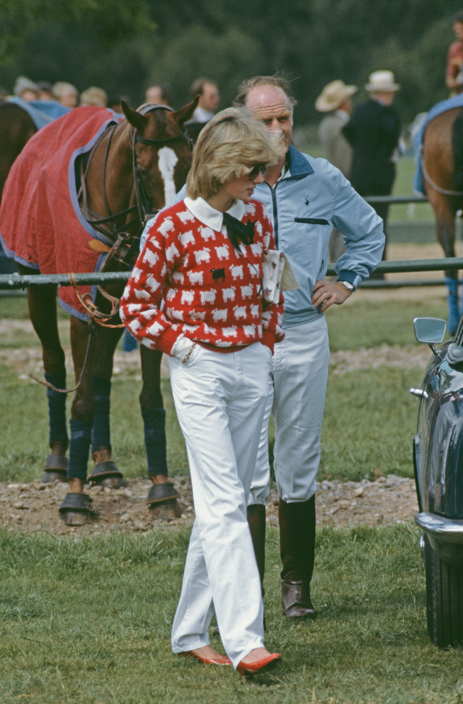 Princess Diana wearing a Muir and Osborne 'black sheep' sweater