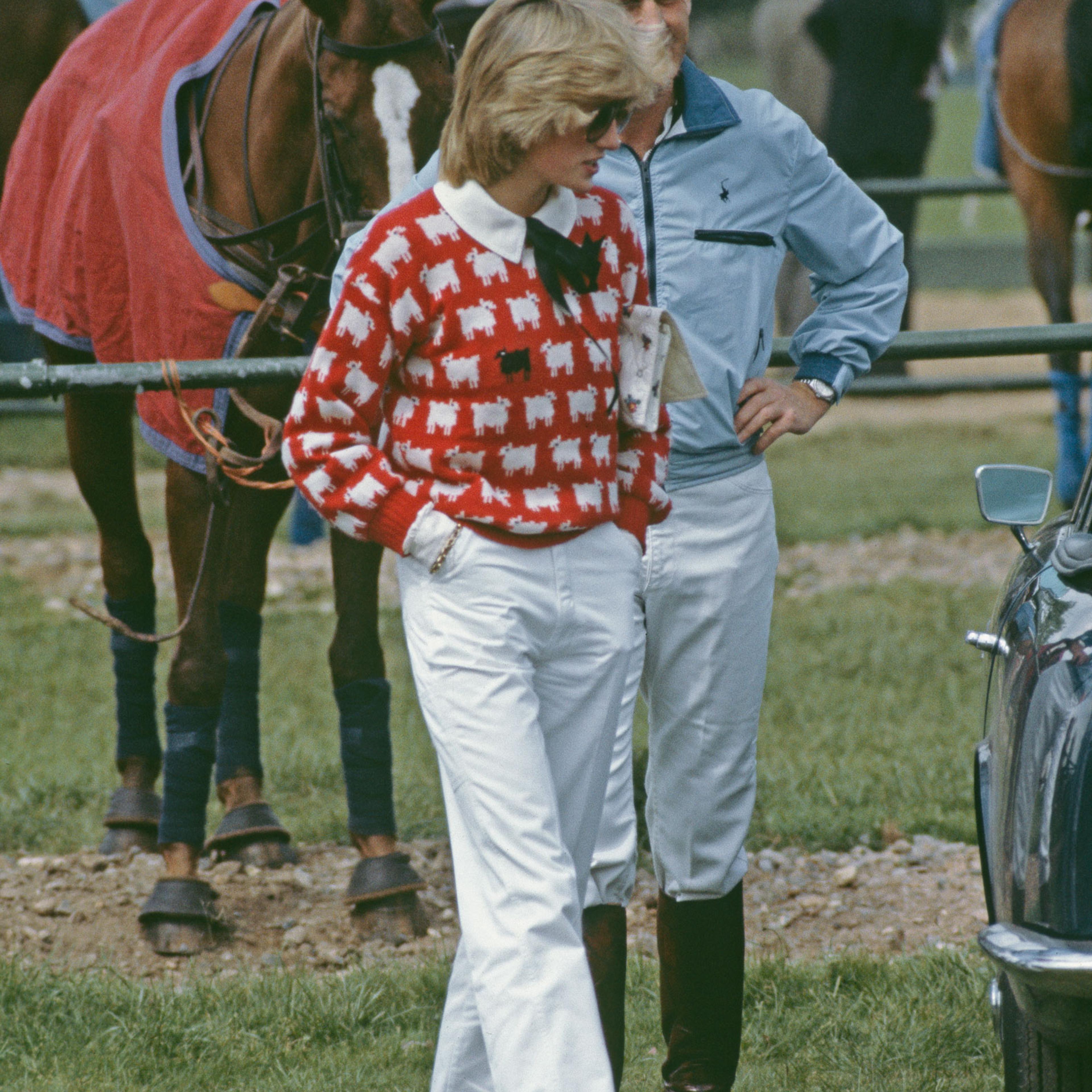 Princess Diana wearing a Muir and Osborne 'black sheep' sweater