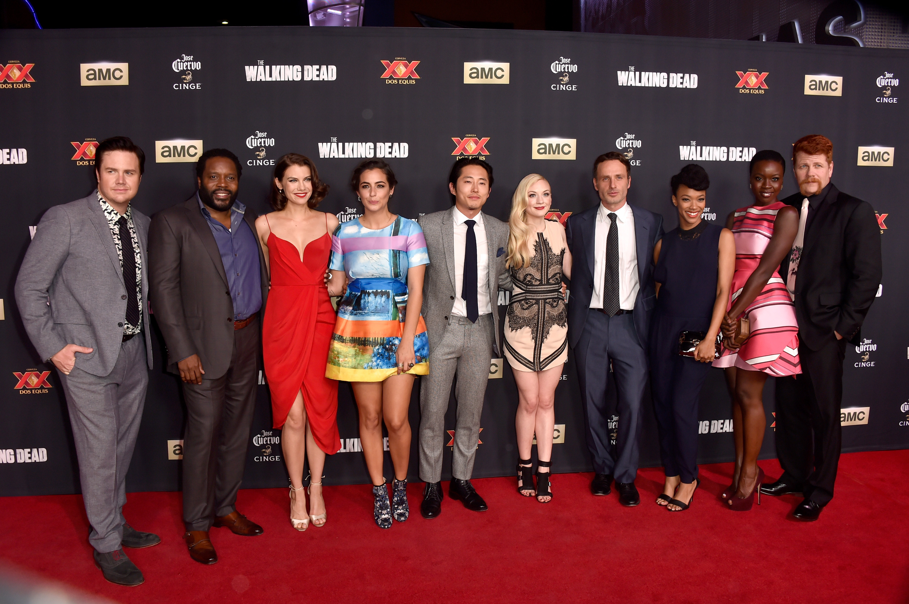 From left: Josh McDermitt, Chad L. Coleman, Lauren Cohan, Alanna Masterson, Steven Yeun, Emily Kinney, Andrew Lincoln, Sonequa Martin-Green, Danai Gurira, and Michael Cudlitz. The cast of "The Walking Dead" attend the season 5 premiere on Oct. 2, 2014 in