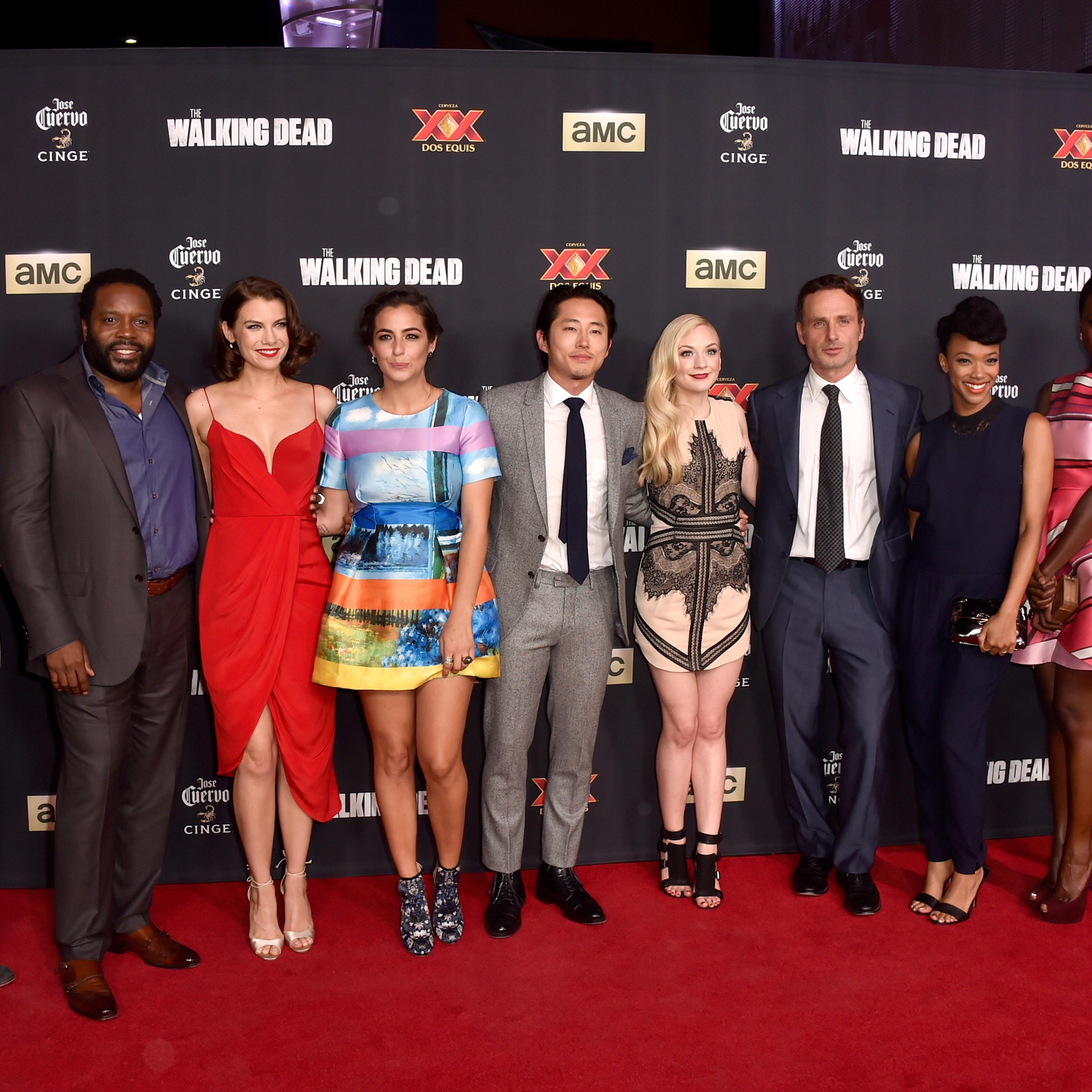 From left: Josh McDermitt, Chad L. Coleman, Lauren Cohan, Alanna Masterson, Steven Yeun, Emily Kinney, Andrew Lincoln, Sonequa Martin-Green, Danai Gurira, and Michael Cudlitz. The cast of "The Walking Dead" attend the season 5 premiere on Oct. 2, 2014 in
