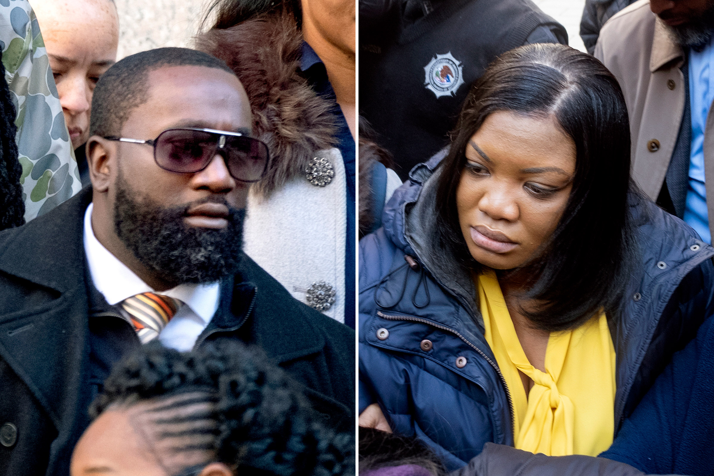 Michael Thomas, left, and Tova Noel, right, the federal jail guards responsible for monitoring Jeffrey Epstein the night he killed himself, leave federal court in New York
