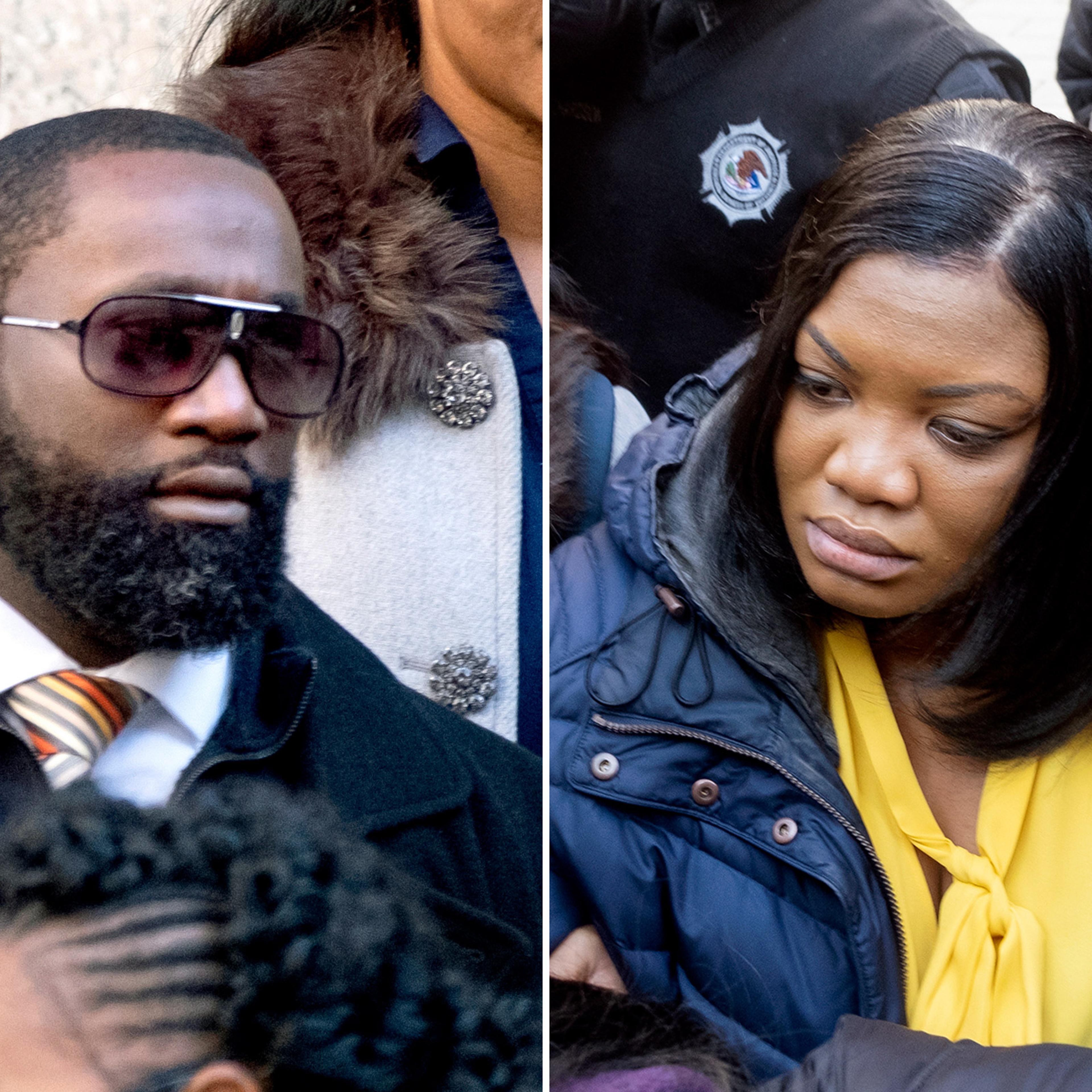 Michael Thomas, left, and Tova Noel, right, the federal jail guards responsible for monitoring Jeffrey Epstein the night he killed himself, leave federal court in New York