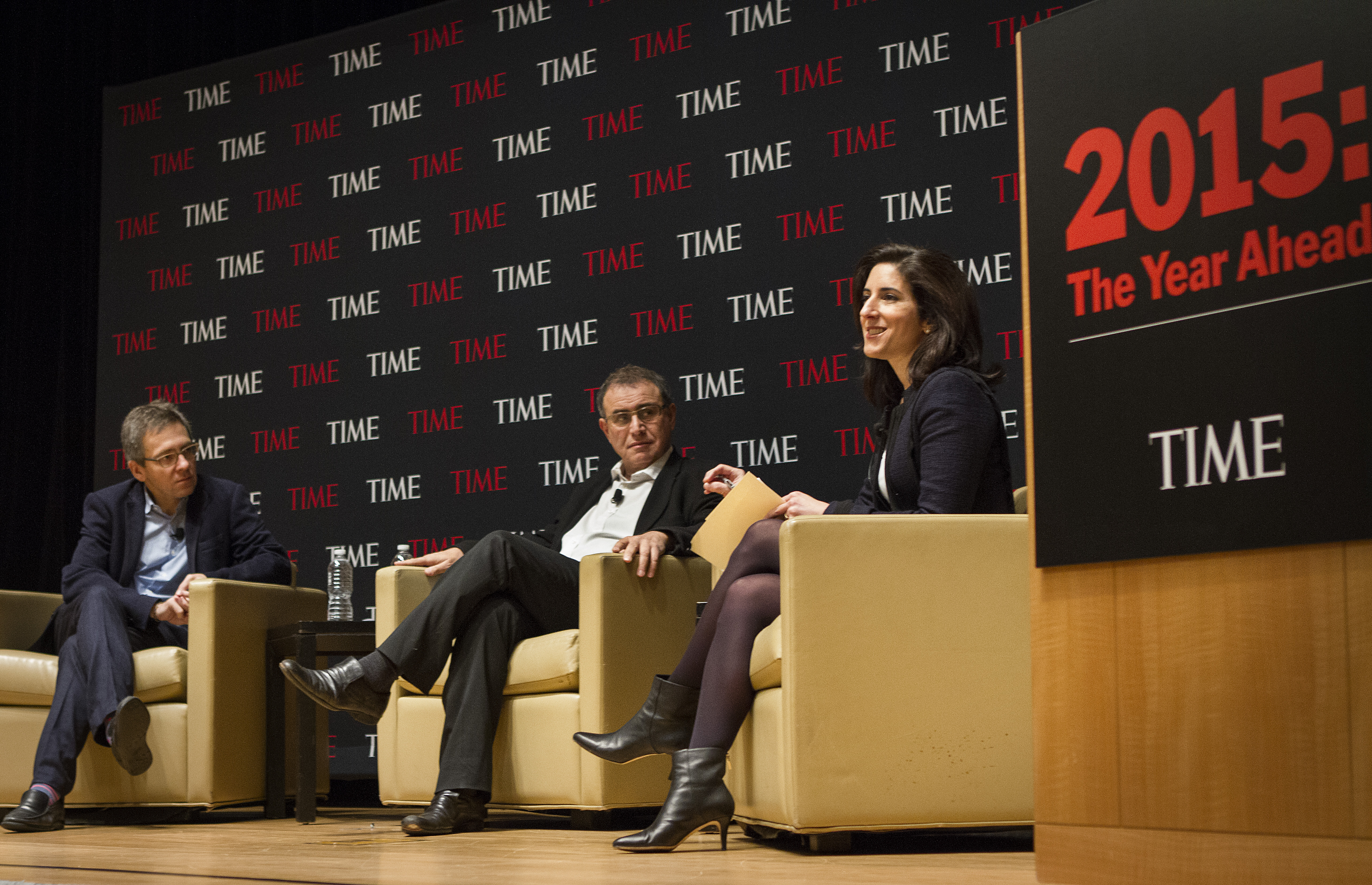 From Left: Ian Bremmer President and Founder of Eurasia Group, Nouriel Roubini, Chairman and Co-Founder of Roubini Global Economics and Rana Foroohar, Assistant Managing Editor at TIME speak on global politics and the economy at the Time &amp; Life Build