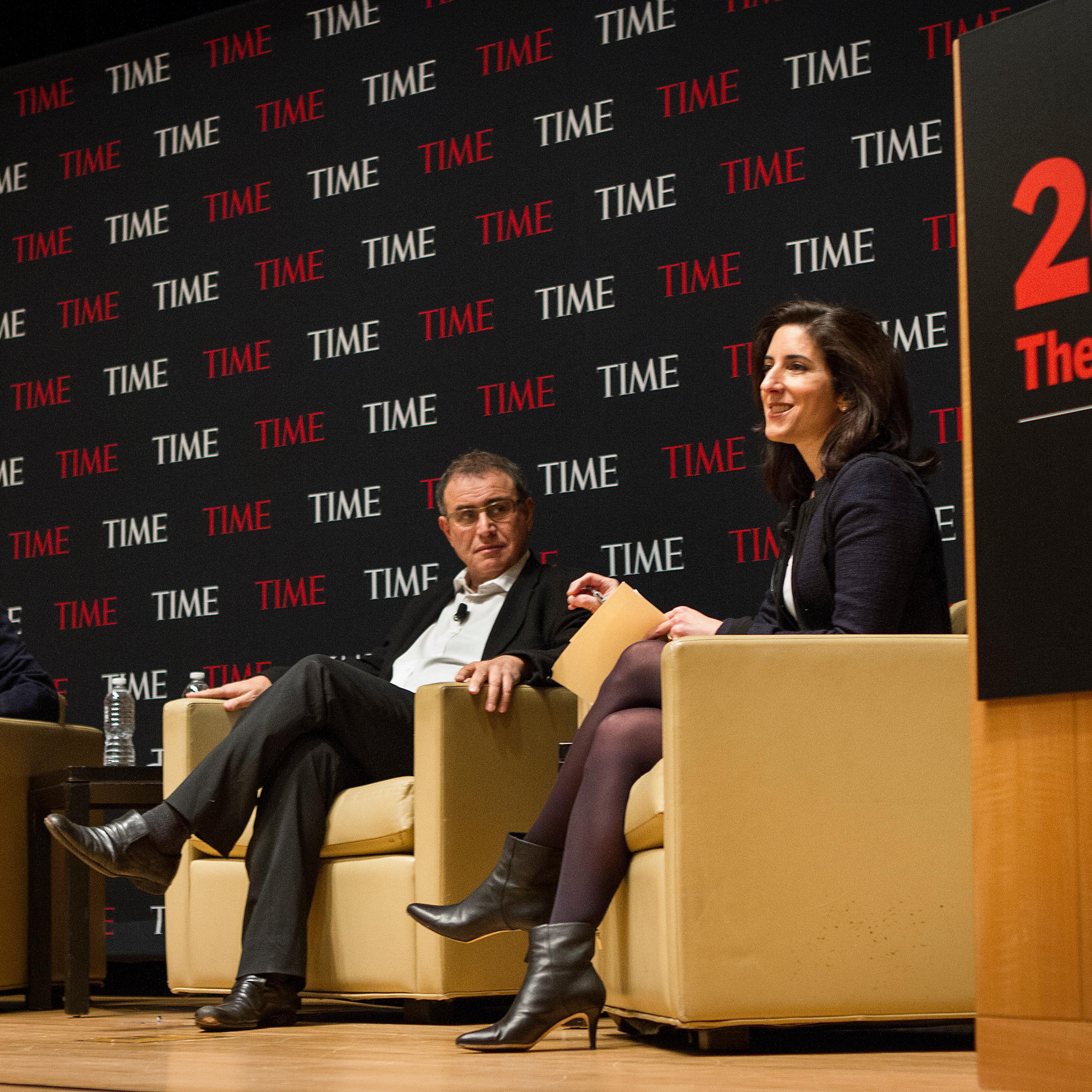 From Left: Ian Bremmer President and Founder of Eurasia Group, Nouriel Roubini, Chairman and Co-Founder of Roubini Global Economics and Rana Foroohar, Assistant Managing Editor at TIME speak on global politics and the economy at the Time & Life Build