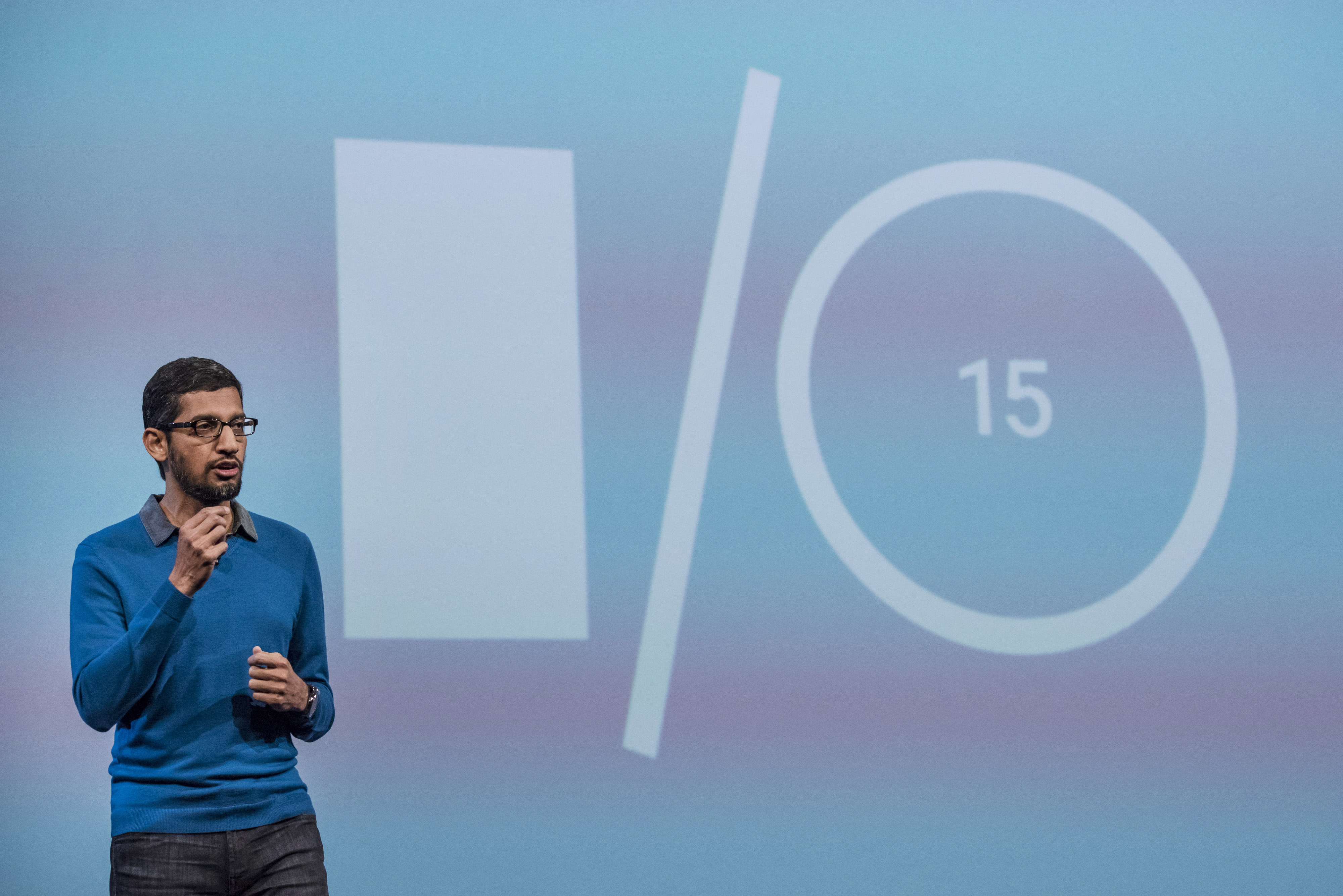 Sundar Pichai, senior vice-president of Products for Google Inc., speaks during the Google I/O Annual Developers Conference in San Francisco, California, U.S., on Thursday, May 28, 2014. Google Inc. executives are taking the stage this week to talk about