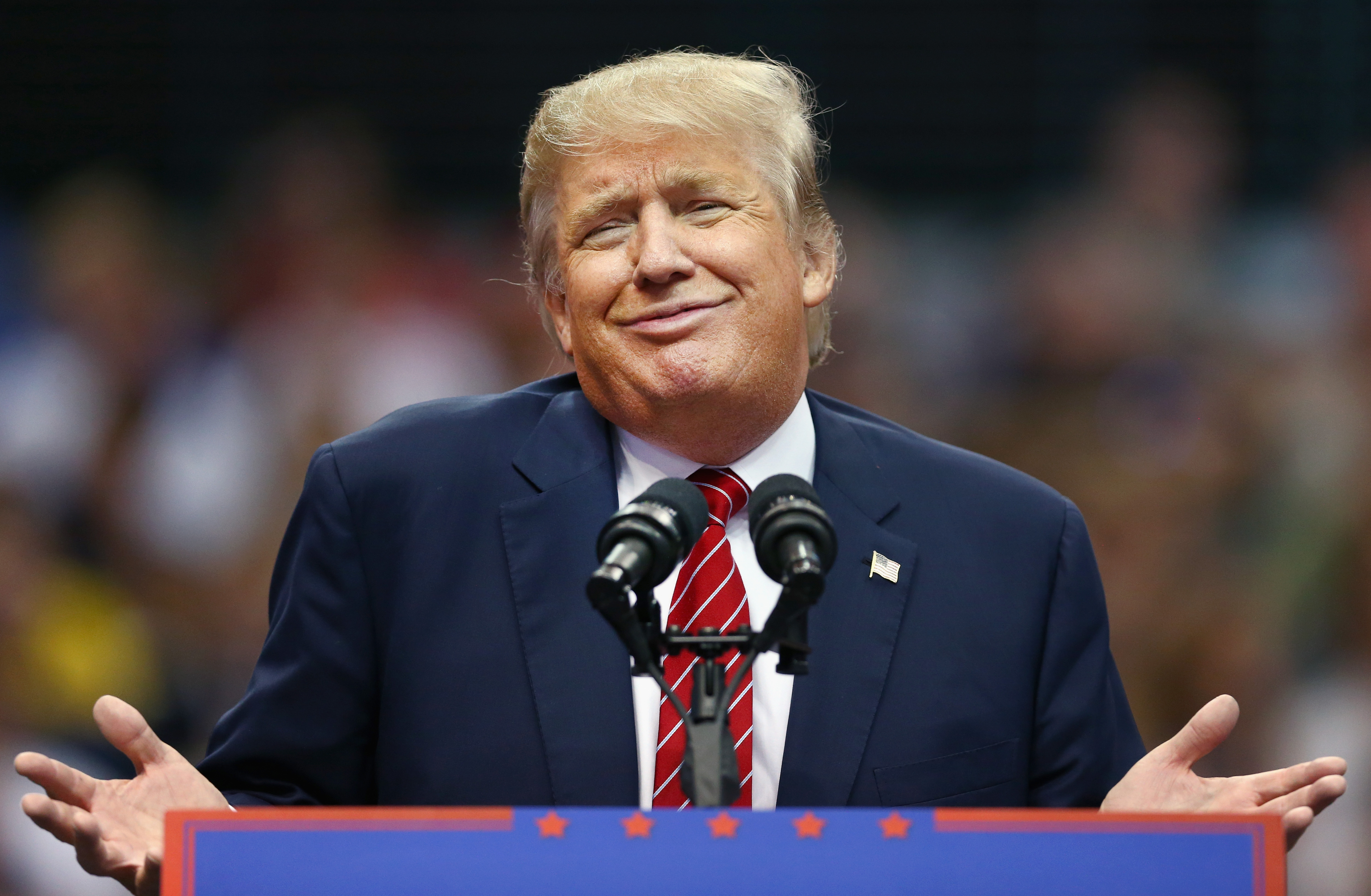 Republican presidential candidate Donald Trump speaks during a campaign rally at the American Airlines Center in Dallas on Sept. 14, 2015.