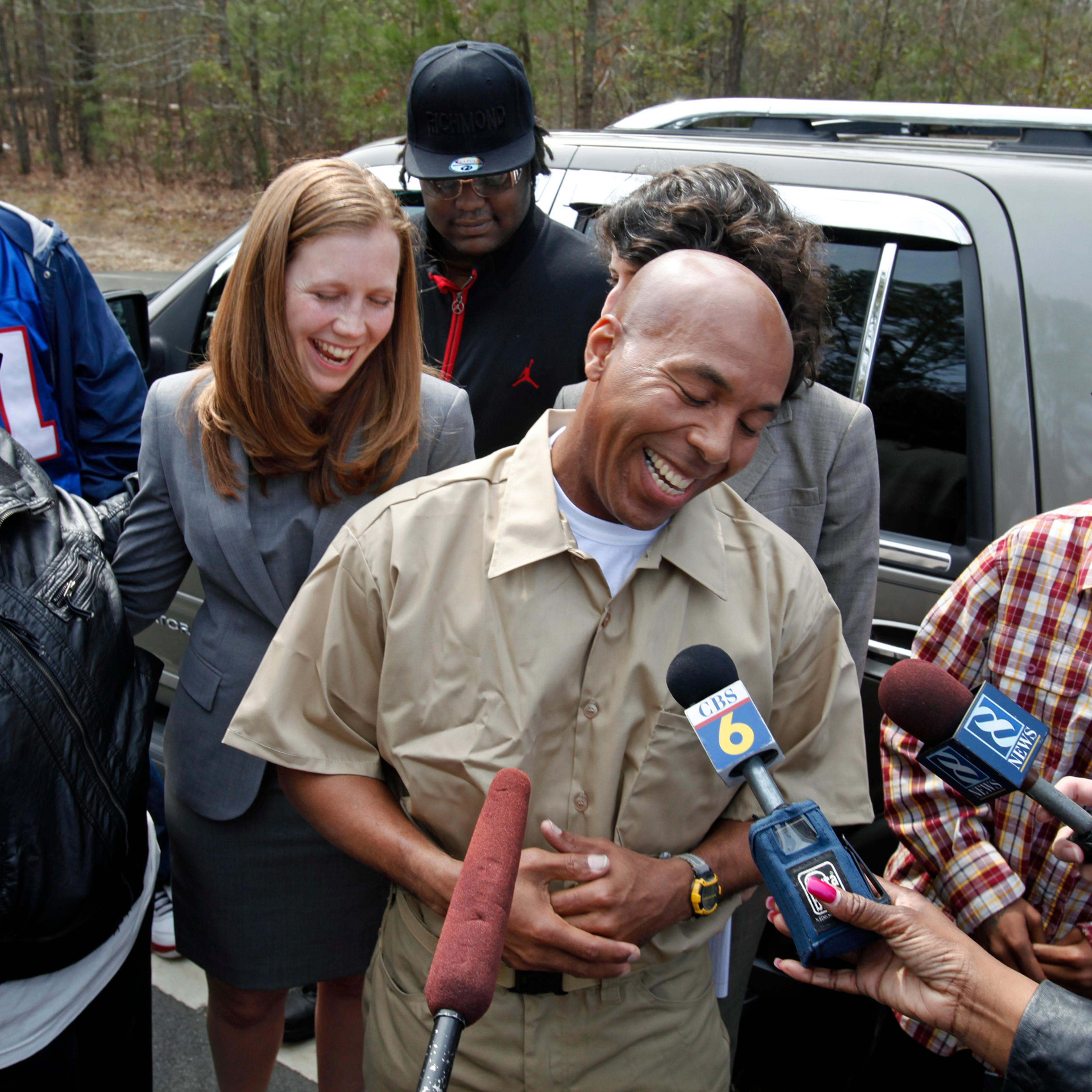 Thomas Haynesworth answers questions from the media after he was released from the Greensville Correctional Center in Jarratt, Va., on March 21, 2011.