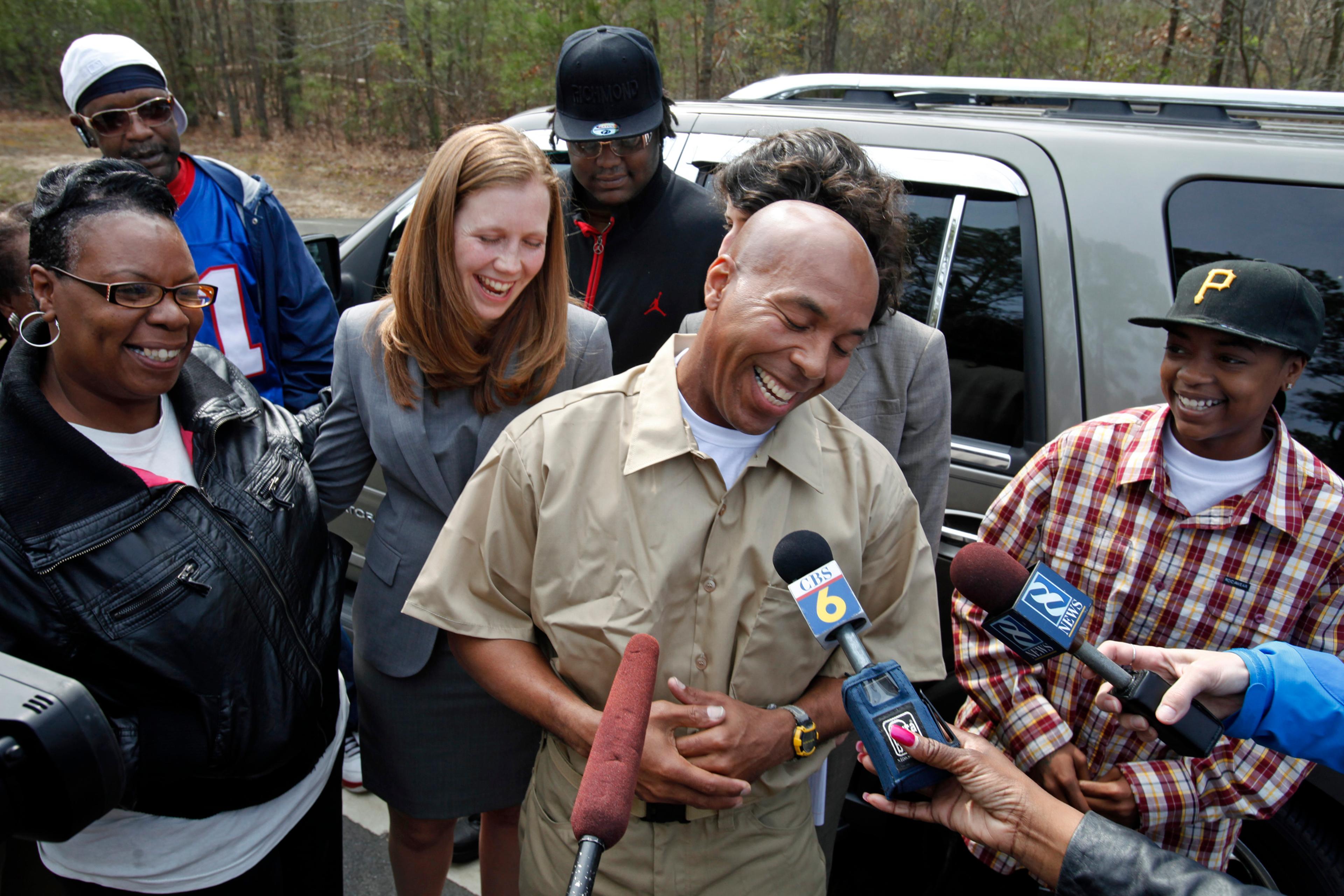 Thomas Haynesworth answers questions from the media after he was released from the Greensville Correctional Center in Jarratt, Va., on March 21, 2011.