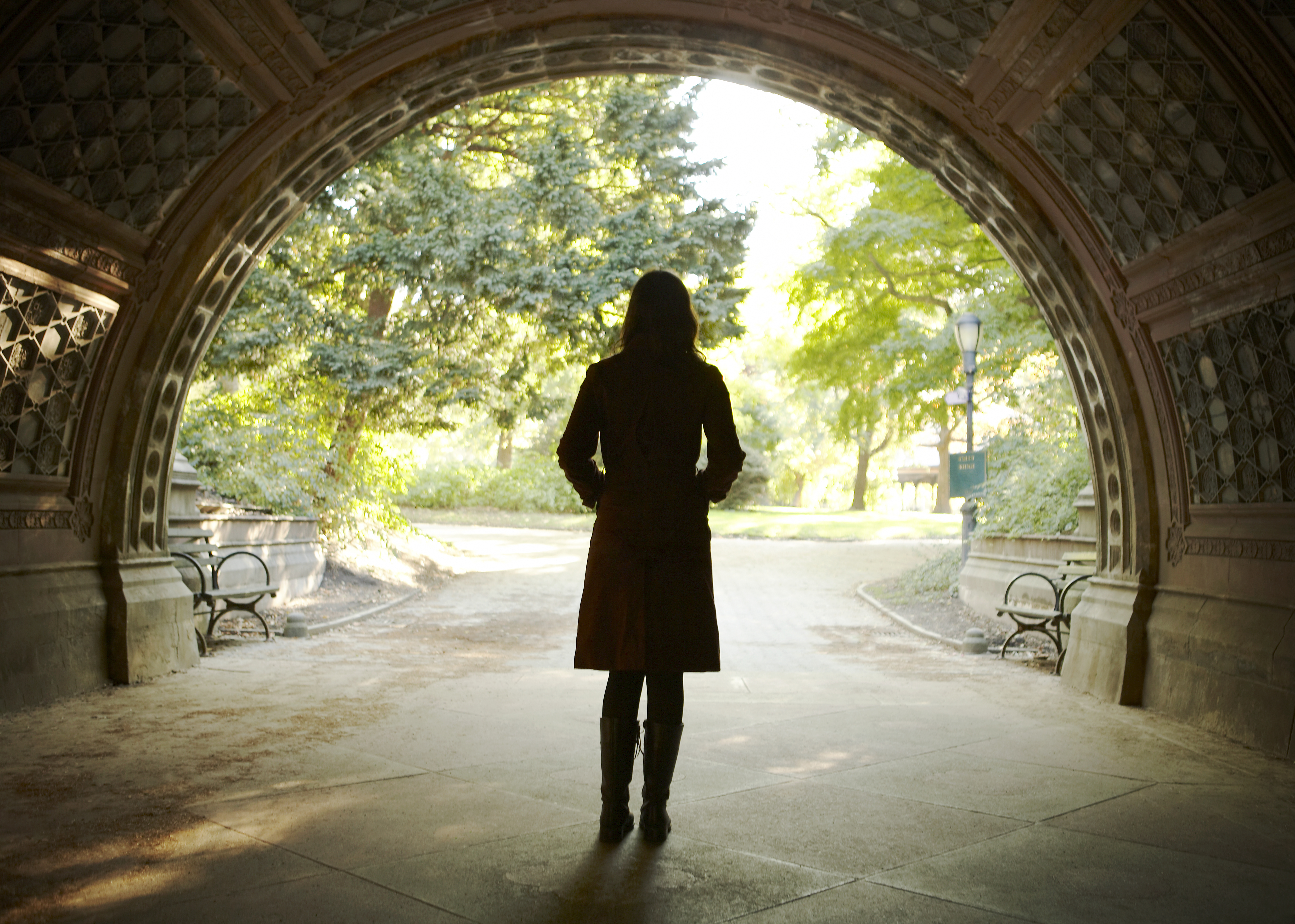 Woman walking college campus