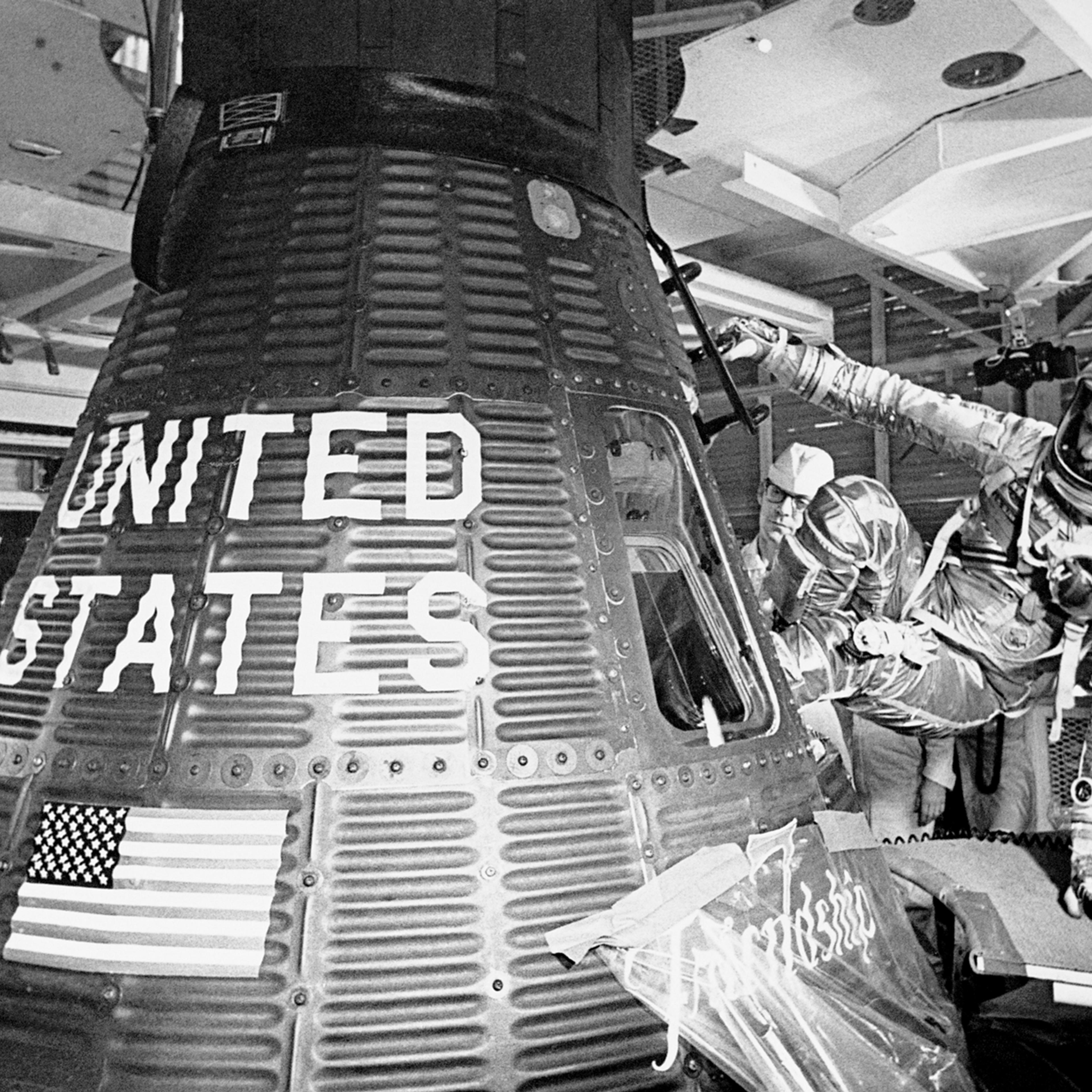 John Glenn boards the Friendship 7 capsule to become the first American to orbit the earth, during the Mercury-Atlas 6) mission, on Feb. 20, 1962.