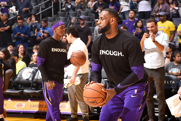 LeBron James #23 of the Los Angeles Lakers warms up before the game against the Atlanta Hawks on November 11, 2018 at STAPLES Center in Los Angeles, California.
