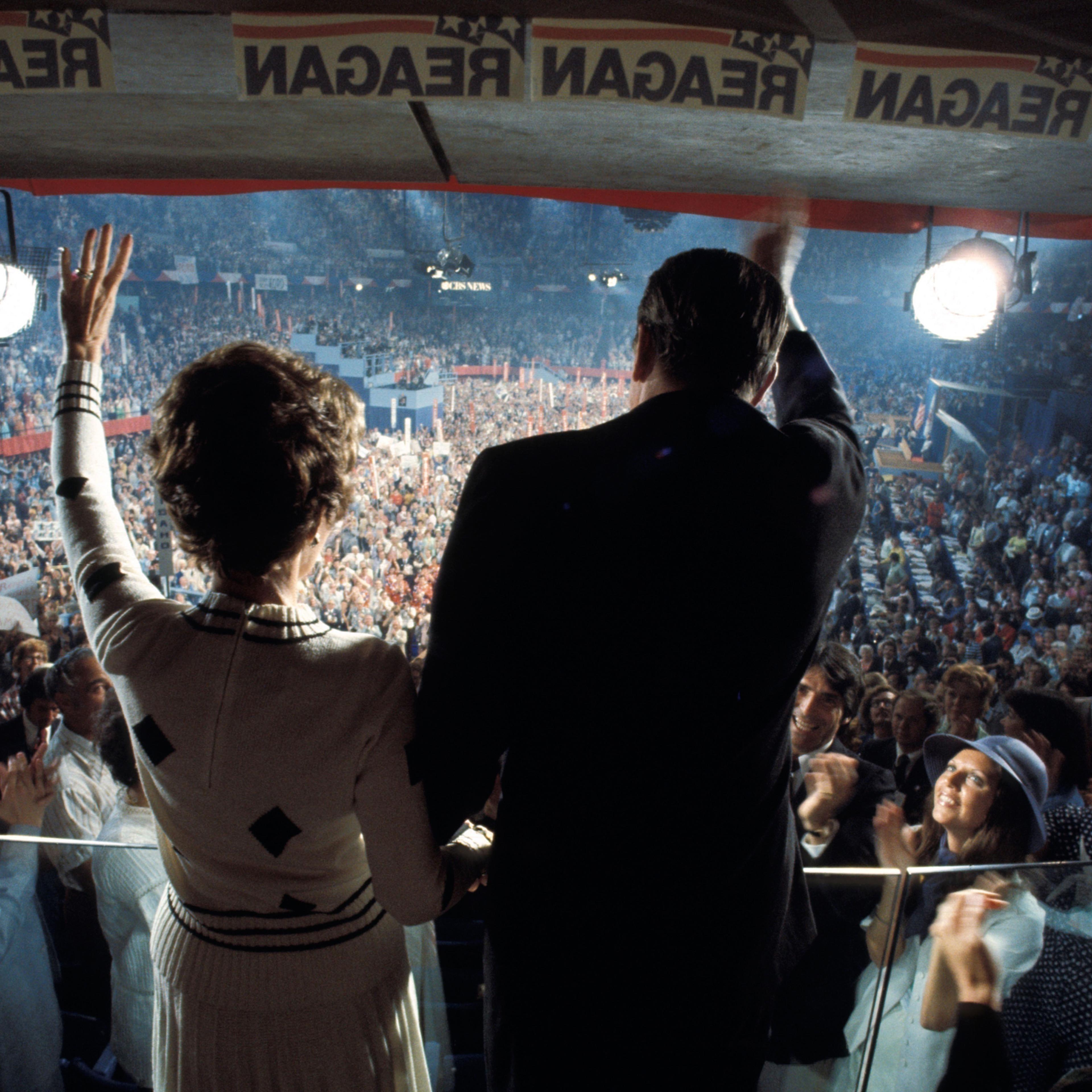 The Reagans wave to the crowd at the 1976 GOP Convention in Kansas City, where he narrowly lost the nomination to Ford