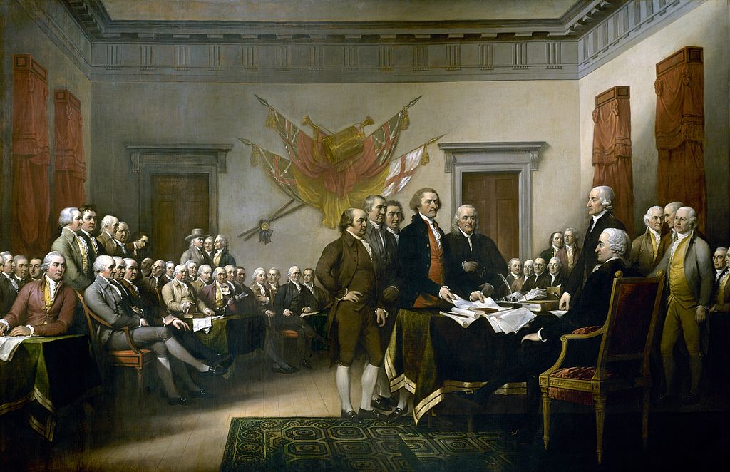 John Trumbull's painting, Declaration of Independence, depicting the five-man drafting committee of the Declaration of Independence presenting their work to the Congress. The painting can be found on the back of the U.S. $2 bill. The original hangs in th