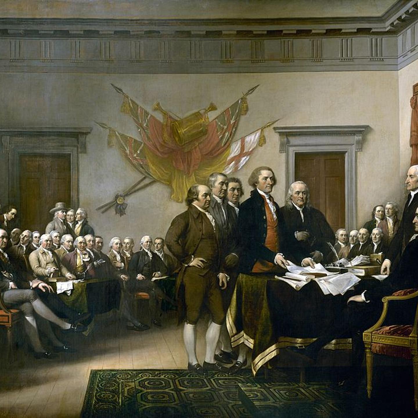 John Trumbull's painting, Declaration of Independence, depicting the five-man drafting committee of the Declaration of Independence presenting their work to the Congress. The painting can be found on the back of the U.S. $2 bill. The original hangs in th