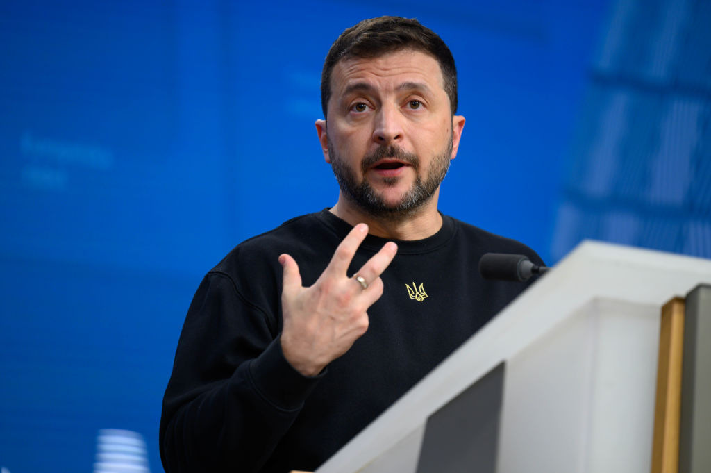 Ukraine President Volodymyr Zelensky gives a press conference on the sidelines of the European Council Summit in Brussels, Belgium, on Oct. 17, 2024.