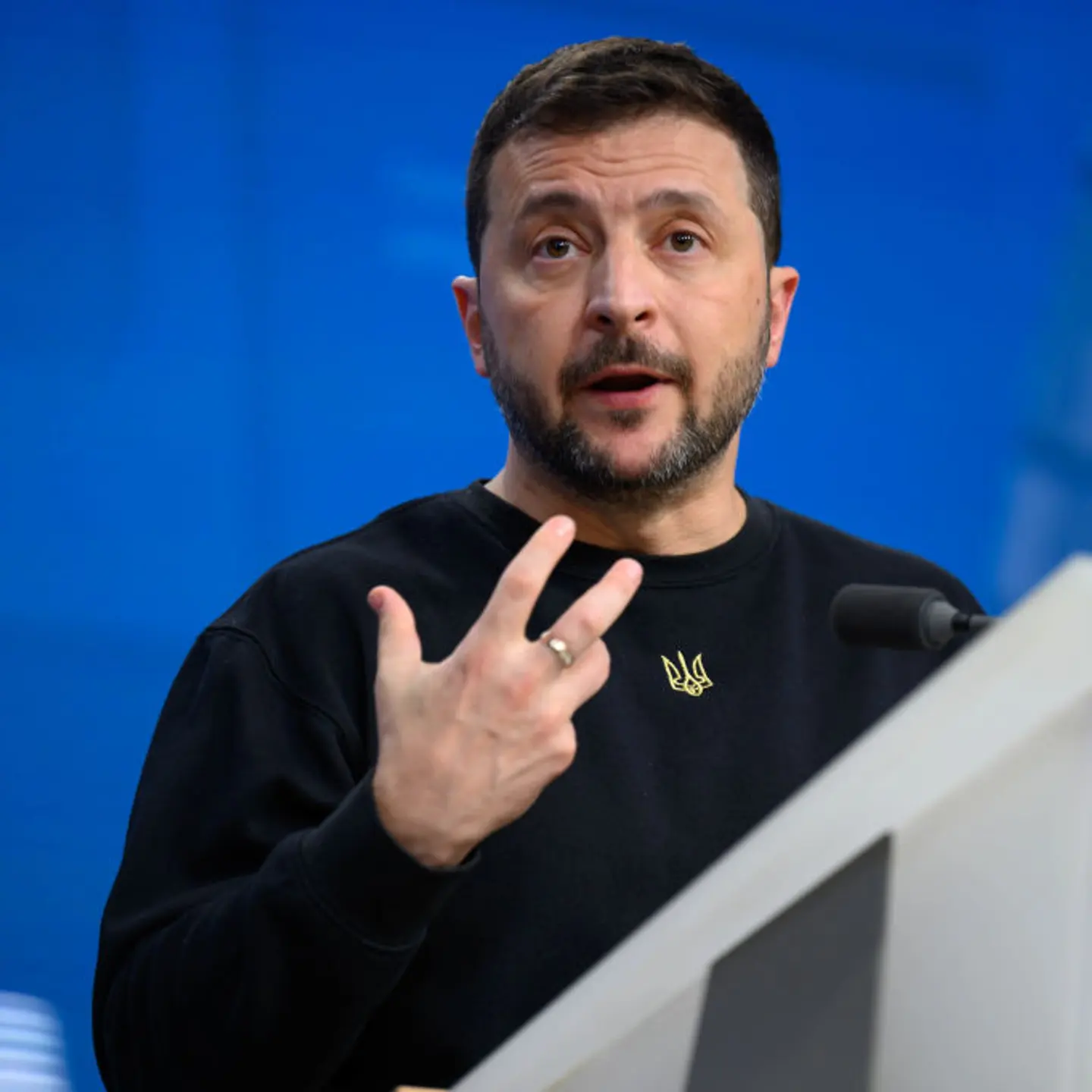 Ukraine President Volodymyr Zelensky gives a press conference on the sidelines of the European Council Summit in Brussels, Belgium, on Oct. 17, 2024.