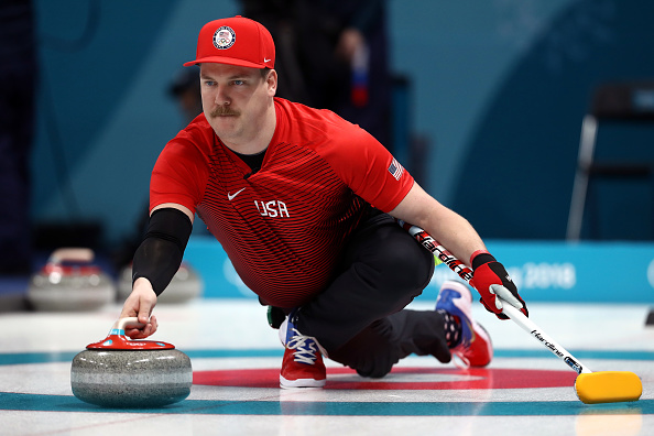 Matt Hamilton of the United States delivers a stone in the Curling Mixed Doubles Round Robin Session 1 at the PyeongChang 2018 Winter Olympics on February 8, 2018.