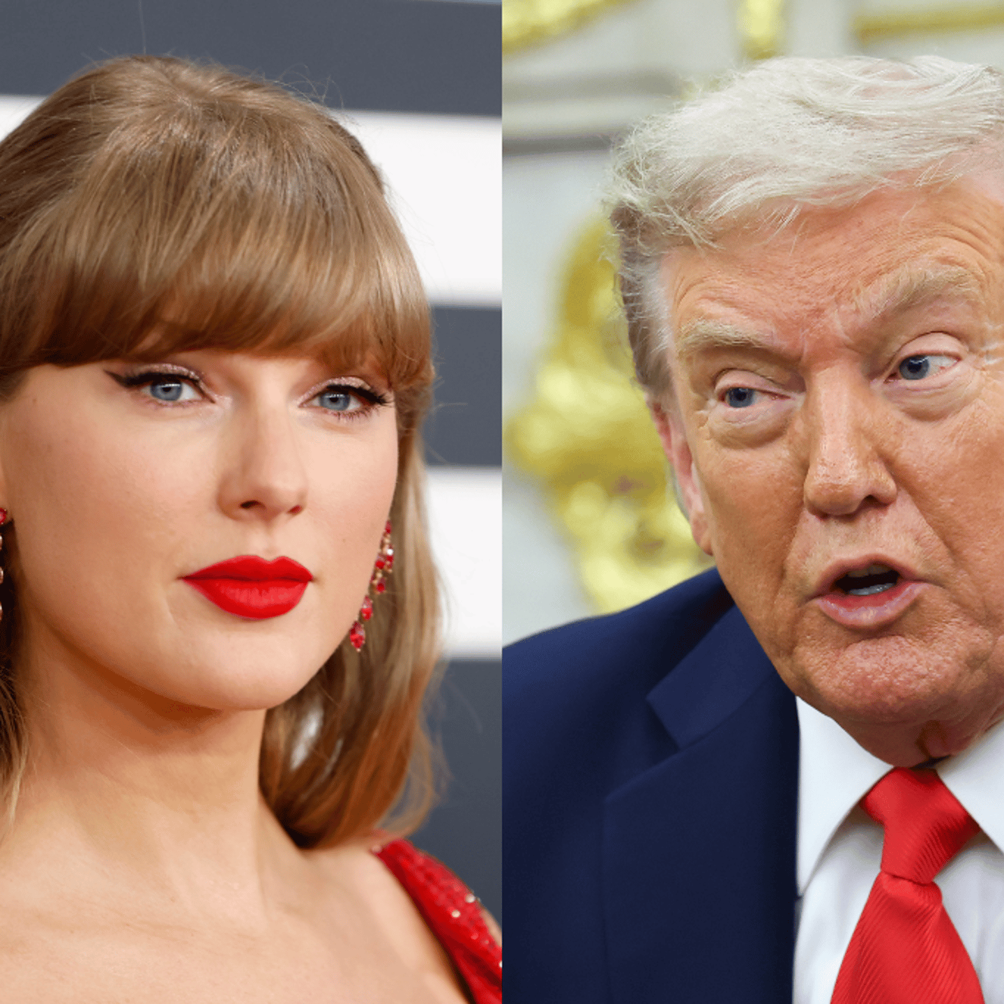 (L) Taylor Swift at the 67th GRAMMY Awards in Los Angeles, Calif. on Feb. 2, 2025; (R) U.S. President Donald Trump in the Oval Office of the White House in Washington, D.C., on Aug. 18, 2025.