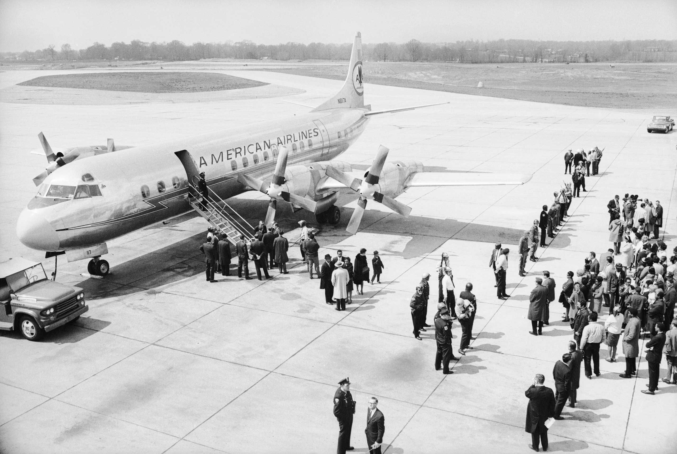 An airplane dispatched by the U.S. government to retrieve Dr. King's body and return it to Atlanta, Ga., waits on the tarmac in Memphis, Tenn., the day after MLK's assassination. "Here we were, two white guys in the Deep South right after the murder of t