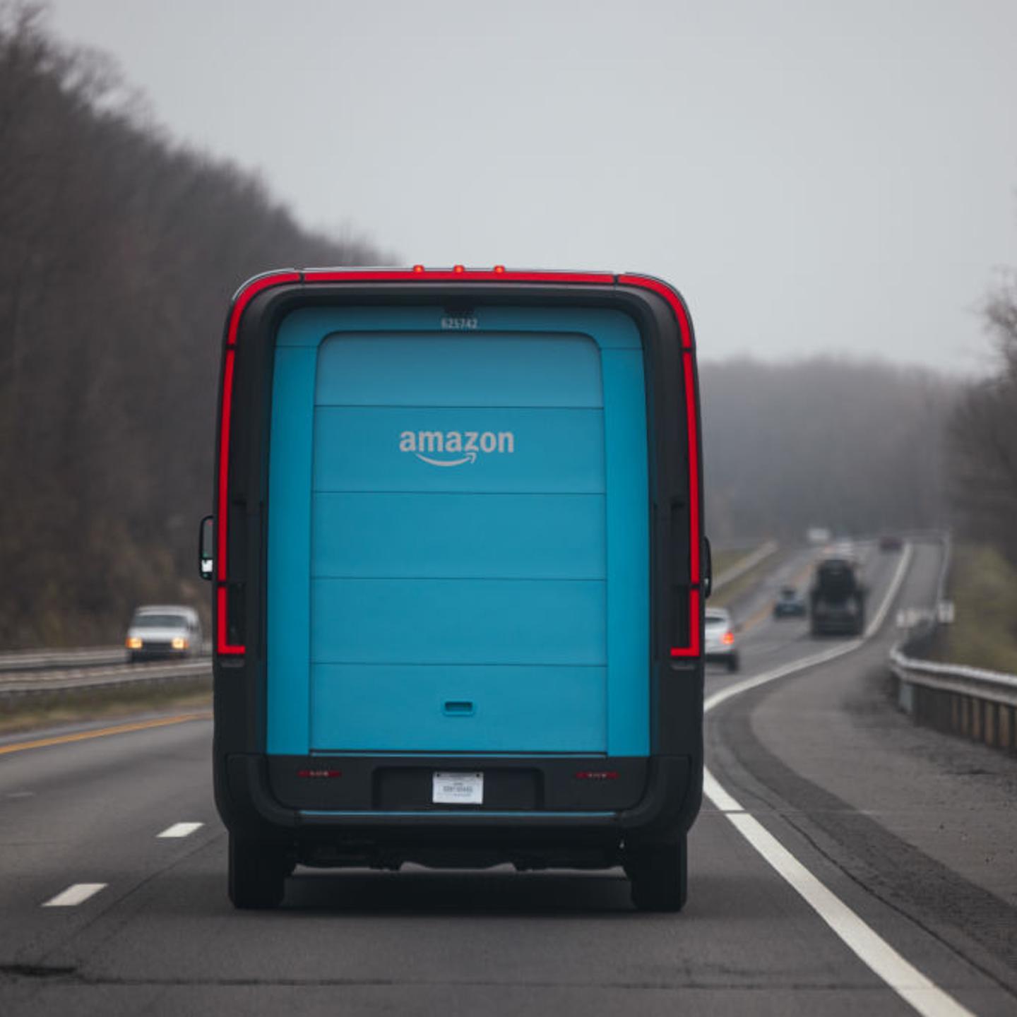 An Amazon Rivian electric delivery van on Interstate 87 near Harriman, New York, US, on April 11, 2024.
