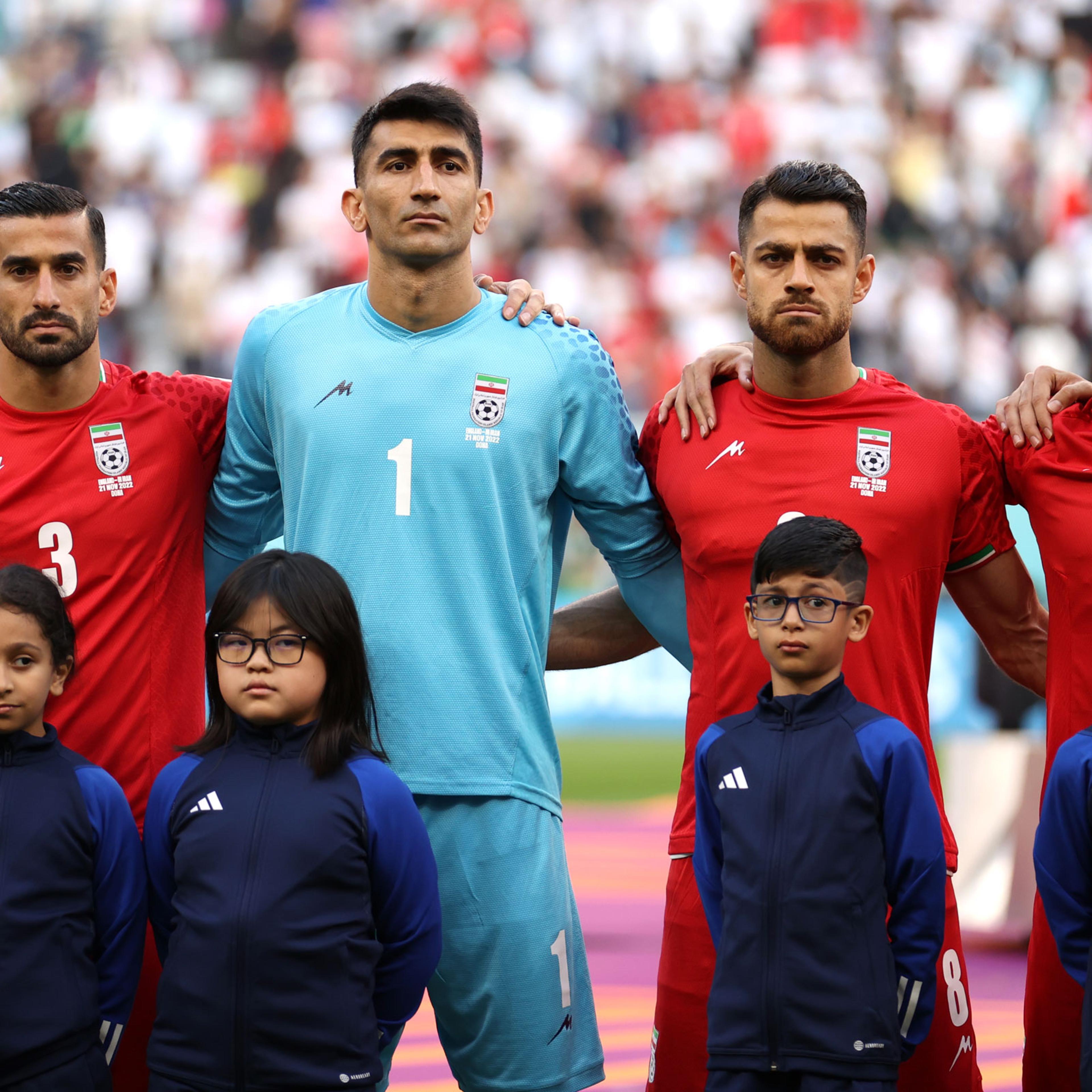 Iran players line up for the national anthem prior to the FIFA World Cup Qatar 2022 Group B match between England and Iran at Khalifa International Stadium on Nov. 21, 2022 in Doha, Qatar.
