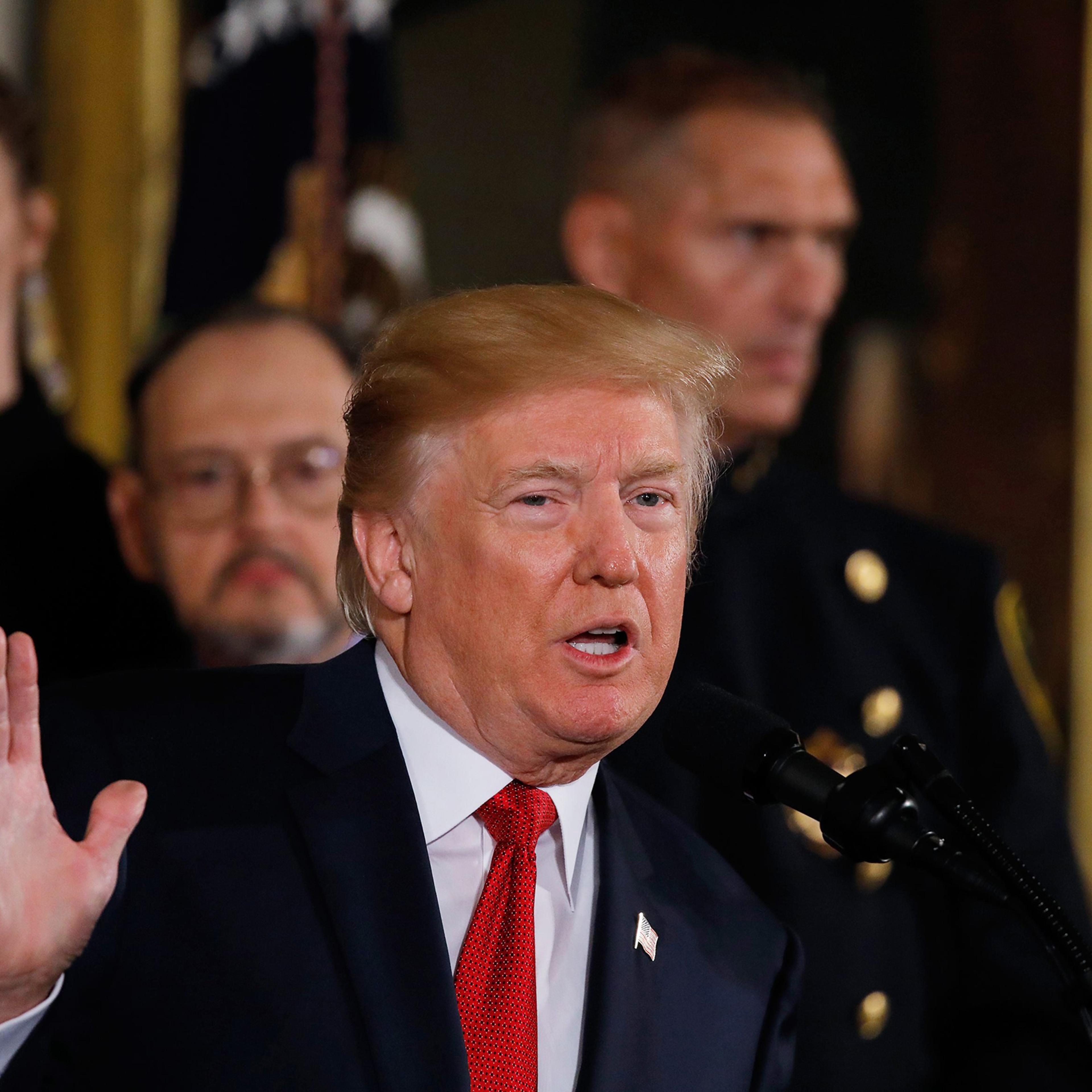 President Donald Trump speaks about administration plans to combat the nation's opioid crisis in the East Room of the White House in Washington, Oct. 26, 2017.
