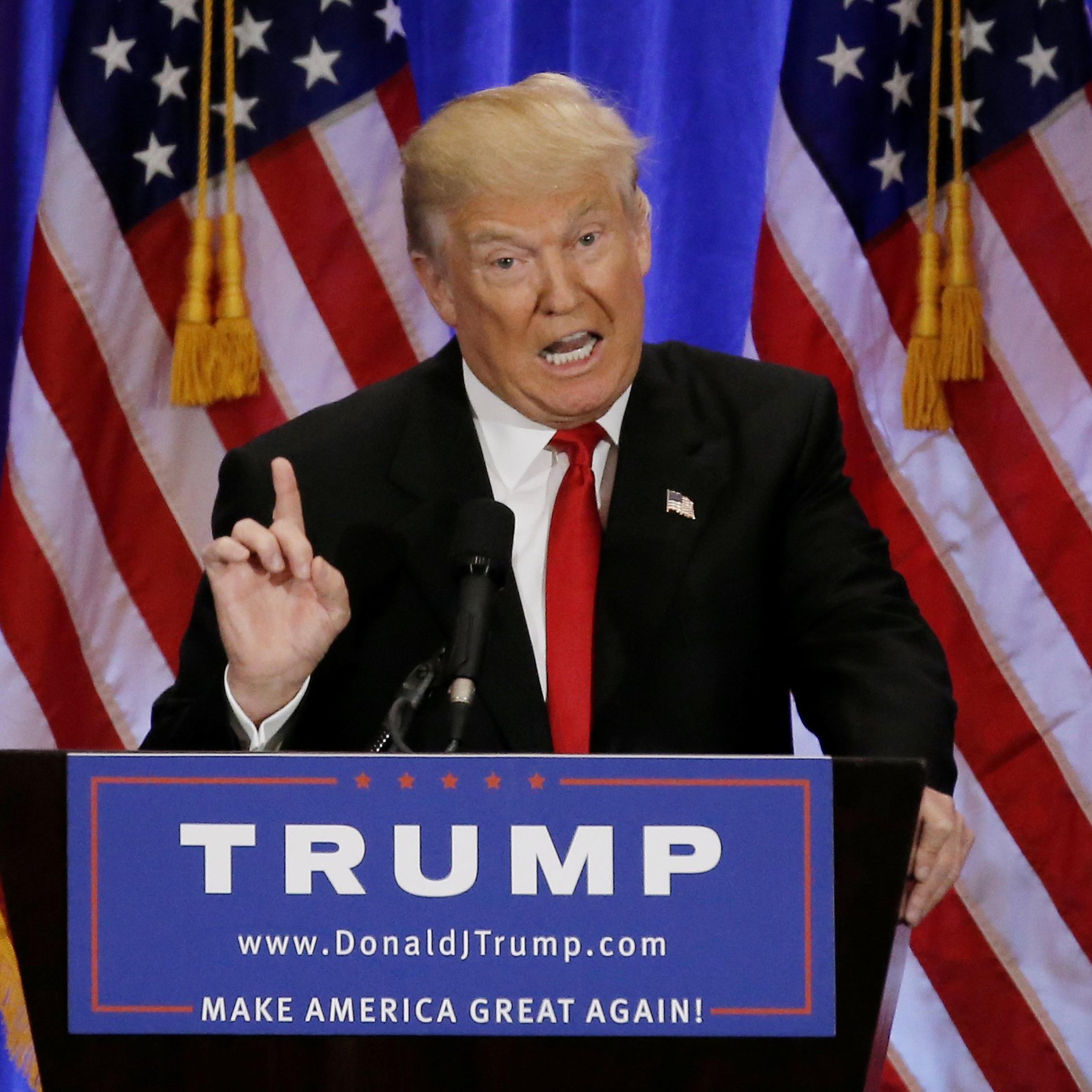 Republican presidential candidate Donald Trump delivers a speech during a campaign event at the Trump Soho Hotel in Manhattan, New York City