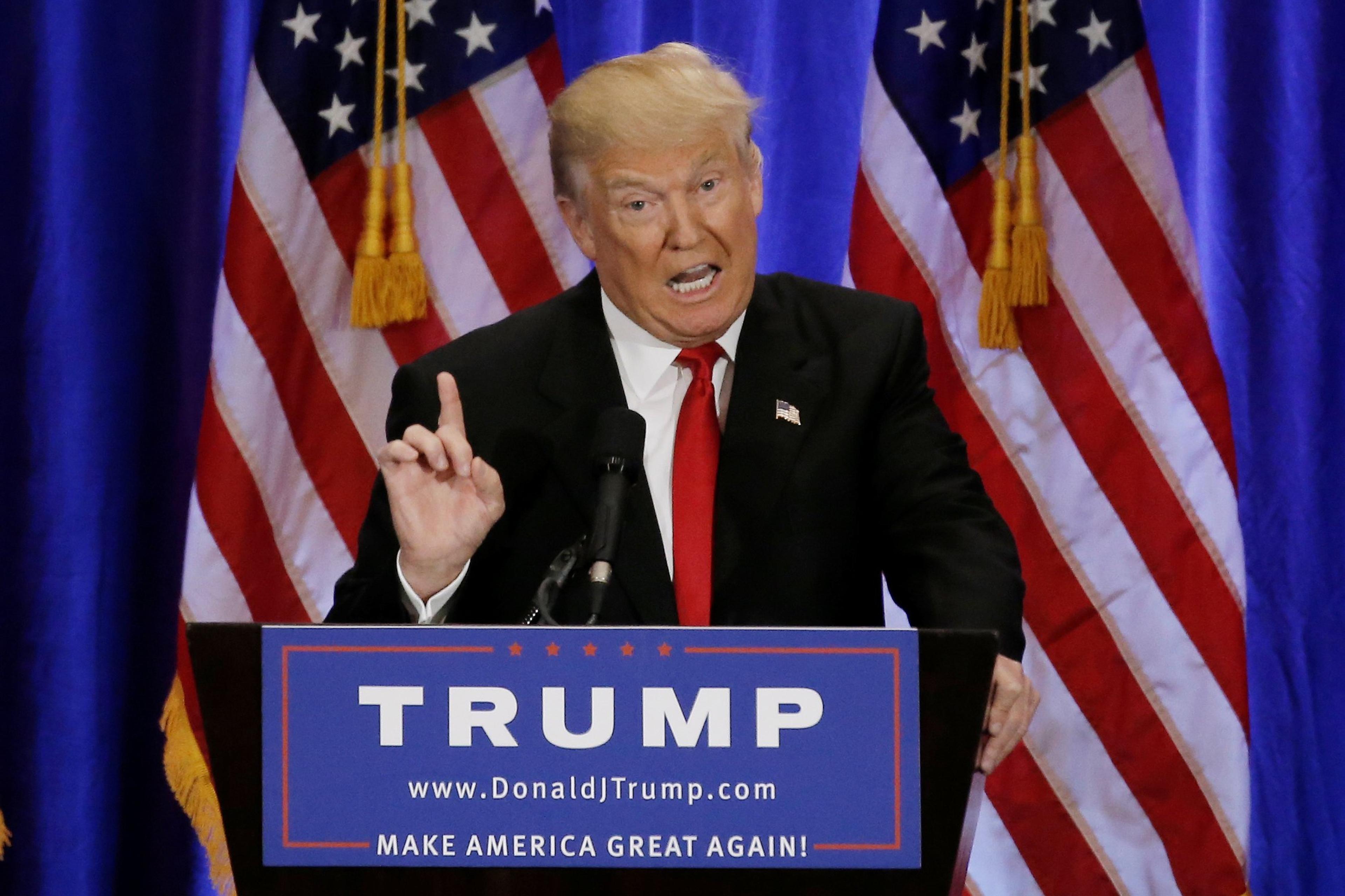 Republican presidential candidate Donald Trump delivers a speech during a campaign event at the Trump Soho Hotel in Manhattan, New York City