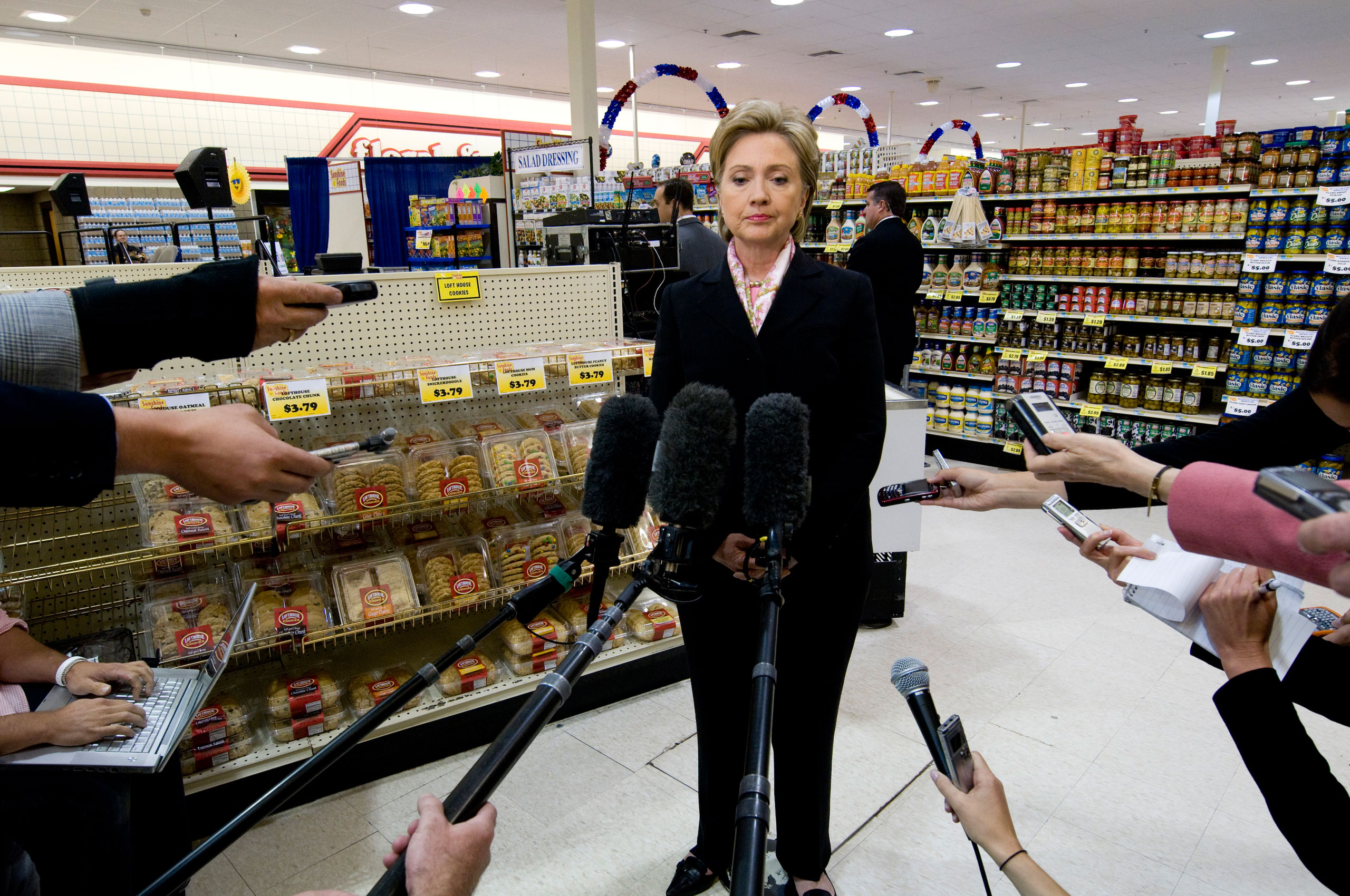 Sen. Hillary Clinton responding to press questions at a tense time during the primary elections in 2008.