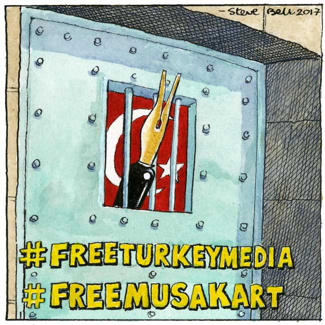 A cartoon for Amnesty International's FreeTurkeyMedia campaign by cartoonist Steve Bell