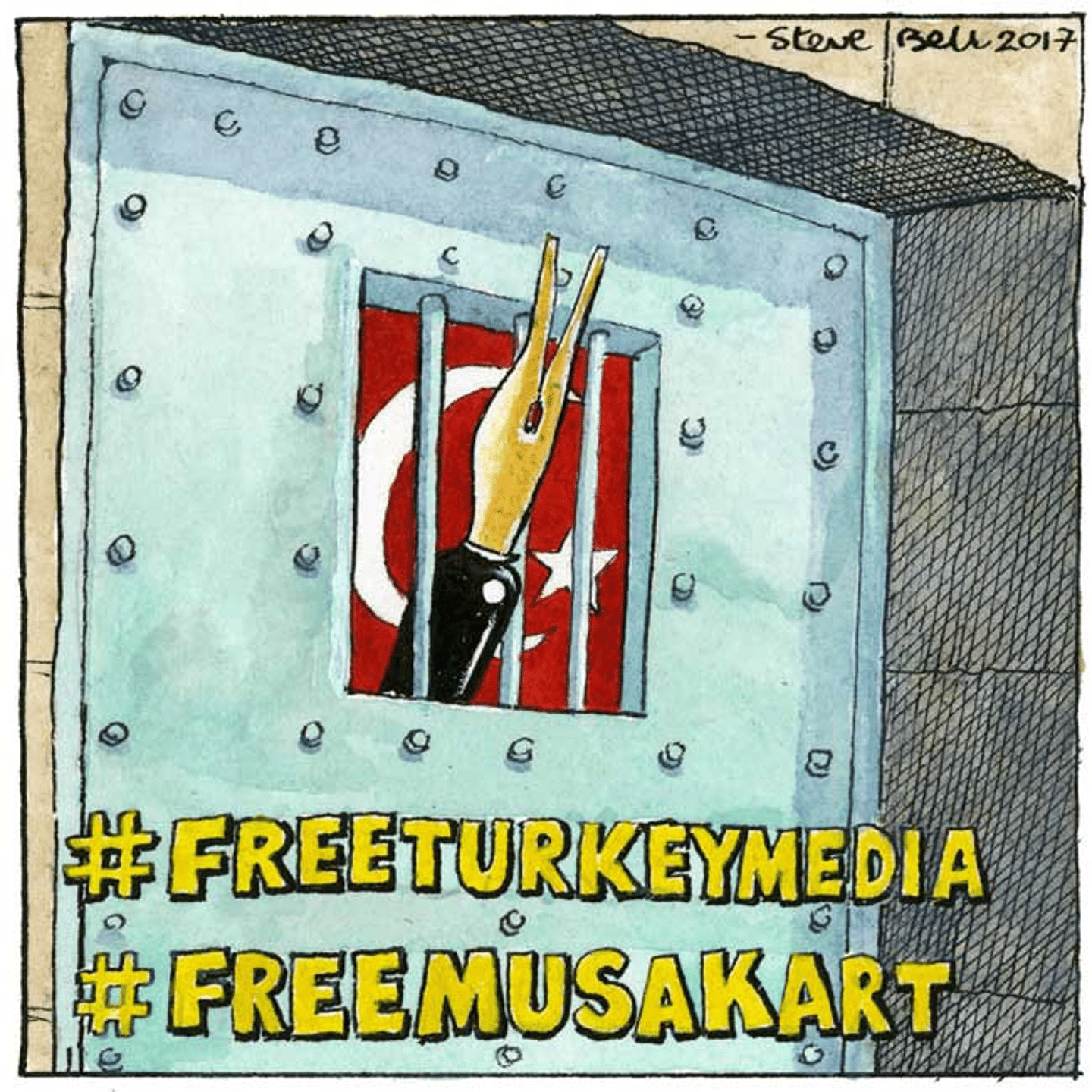 A cartoon for Amnesty International's FreeTurkeyMedia campaign by cartoonist Steve Bell