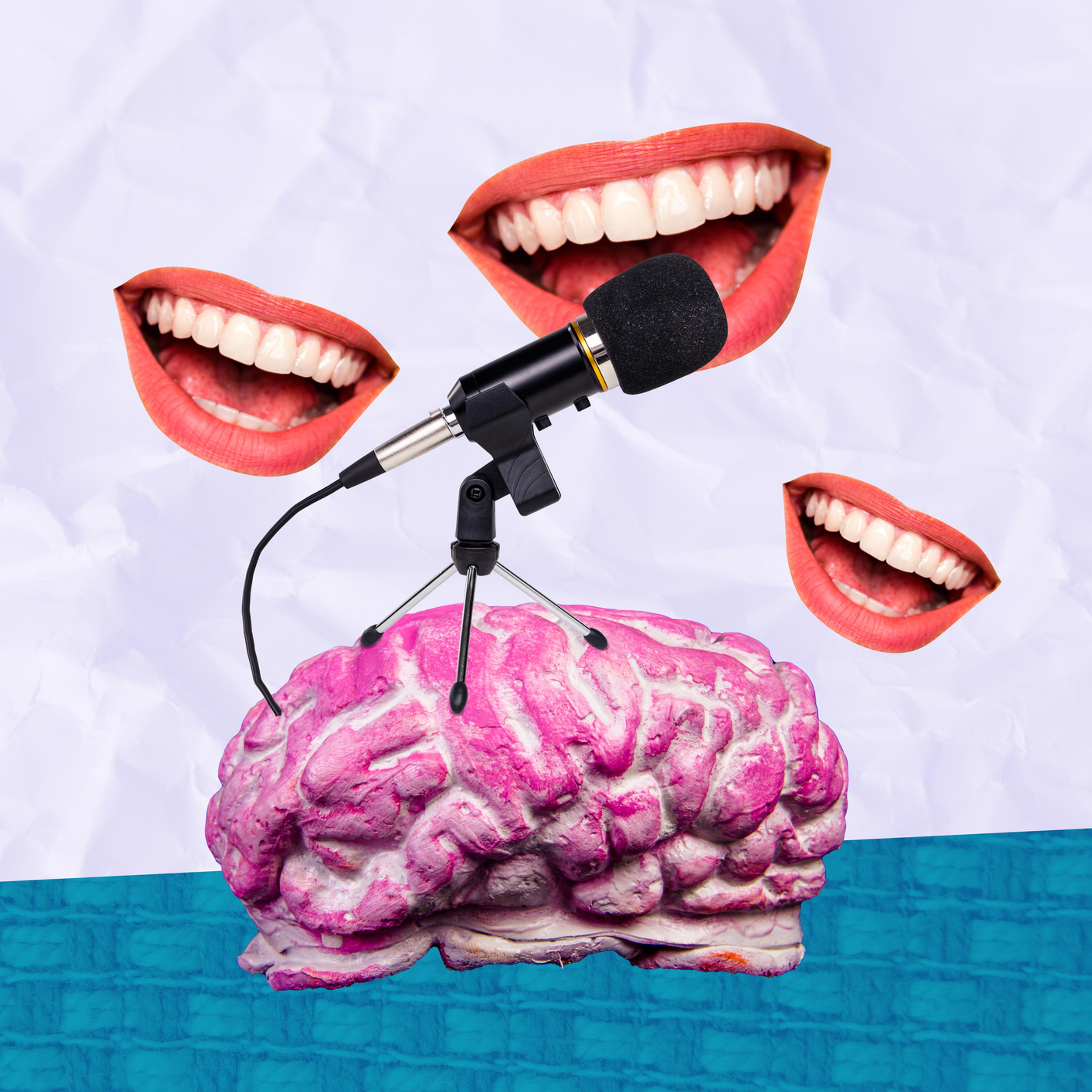 3D photo collage composite artwork sketch image of three huge mouthes talk into microphone brainwashing infromation trash news
