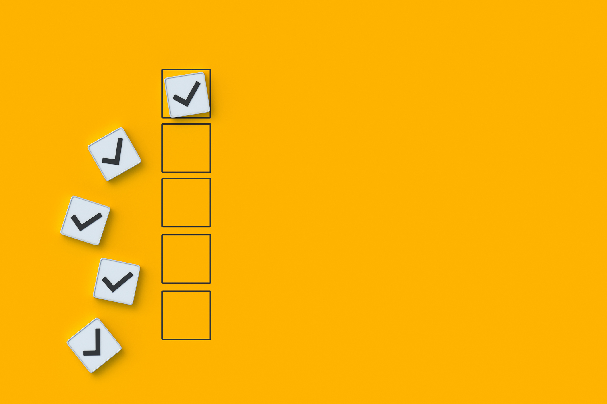 Checklist of completed work. Correct decision. Business concept. Completing daily tasks. School exam. Fact check. Options for solving the problem. Preparedness plan. Checkmark on button. 3d render