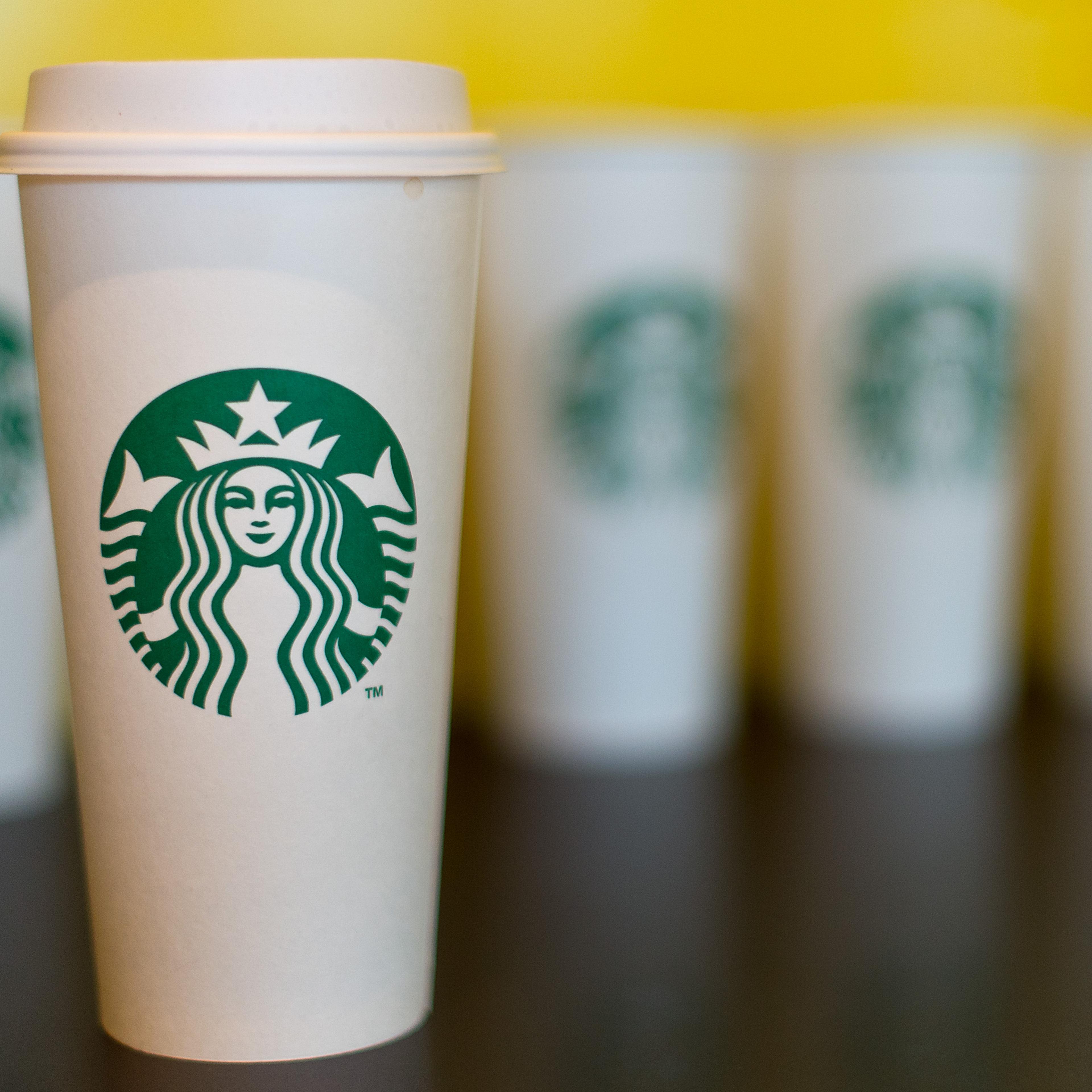 A collection of venti sized Starbucks take away cups on February 18, 2016 in London, England.