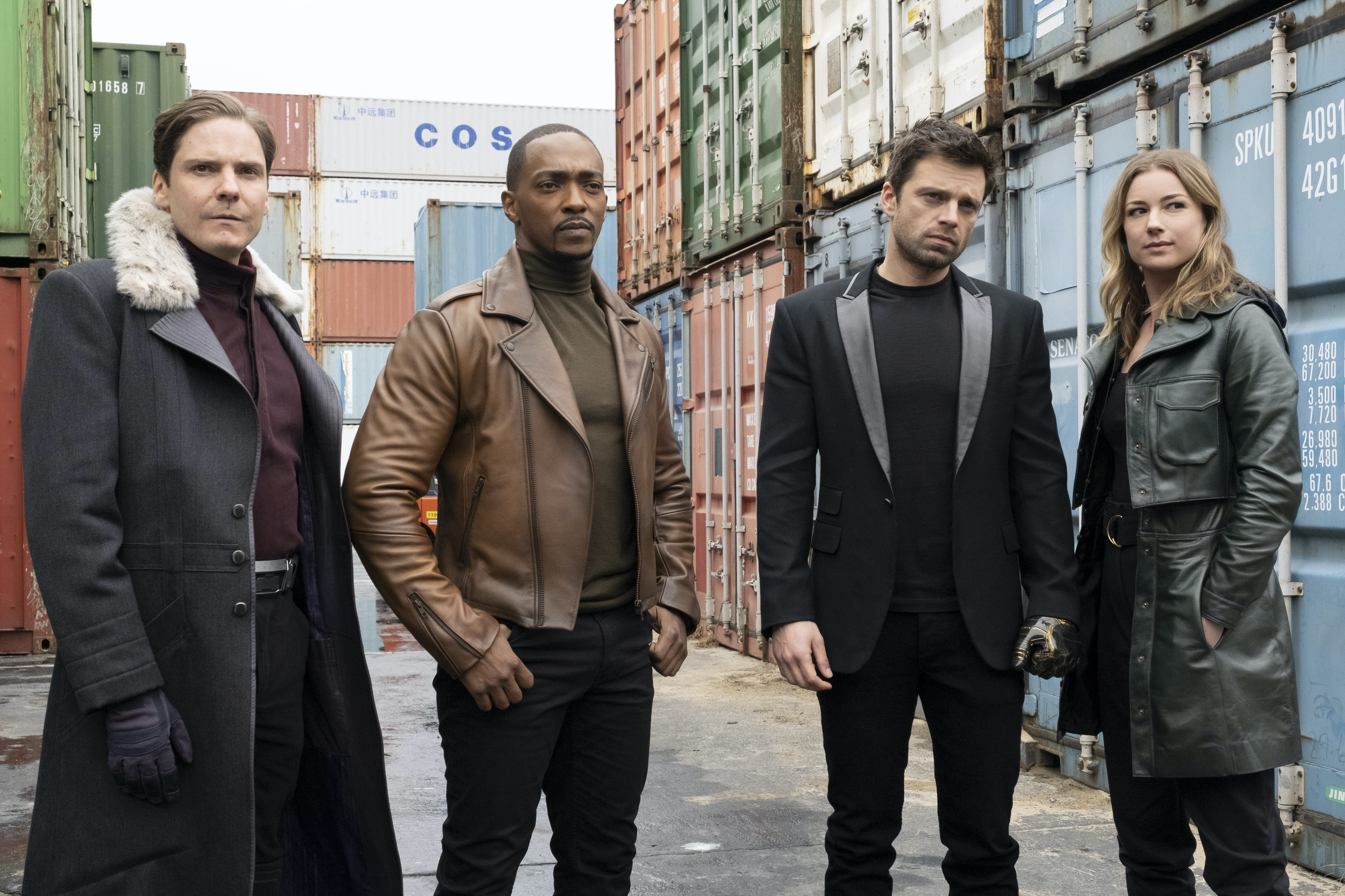 (L-r) Daniel Brühl, Anthony Mackie, Sebastian Stan and Emily VanCamp in <i>Falcon and the Winter Soldier</i>