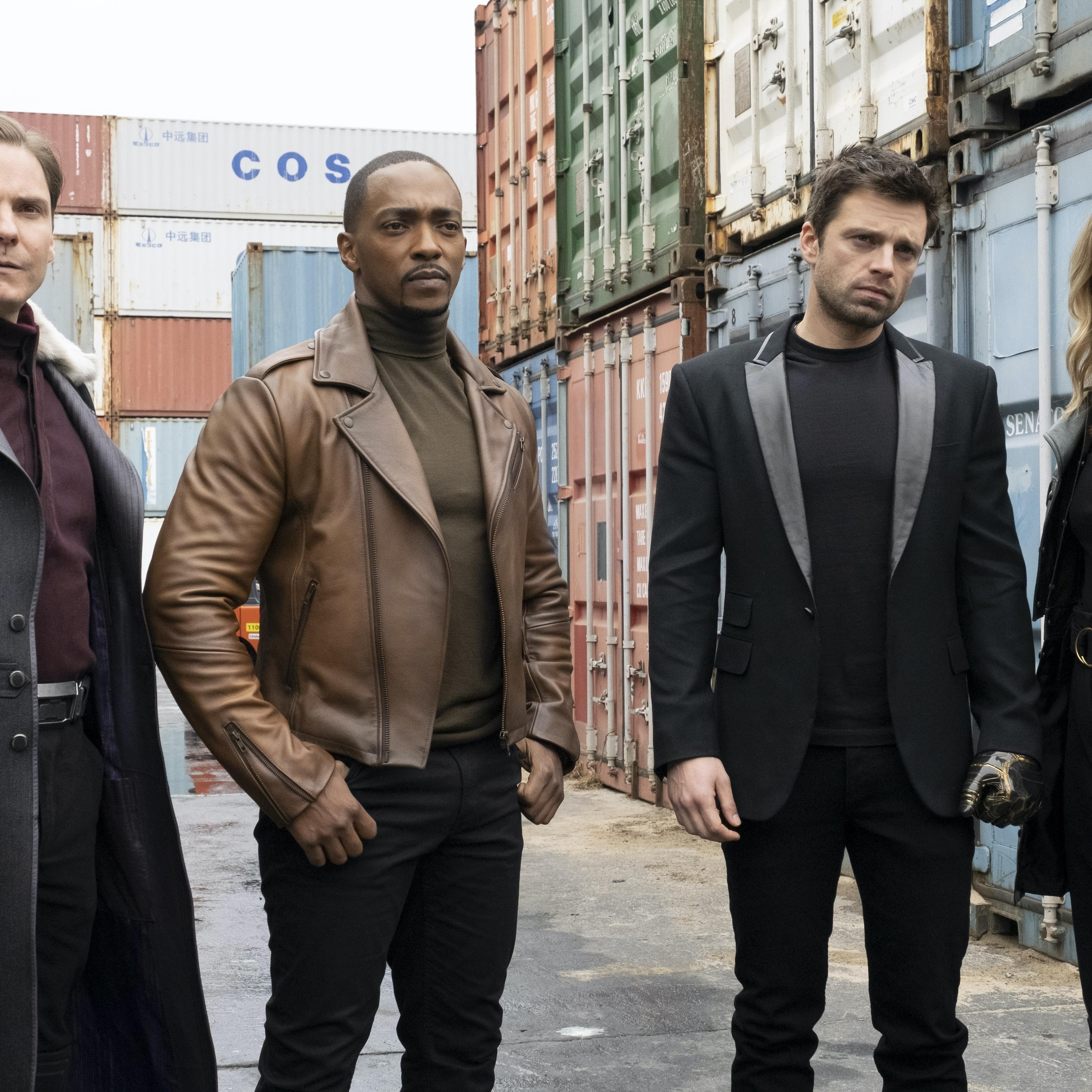 (L-r) Daniel Brühl, Anthony Mackie, Sebastian Stan and Emily VanCamp in <i>Falcon and the Winter Soldier</i>