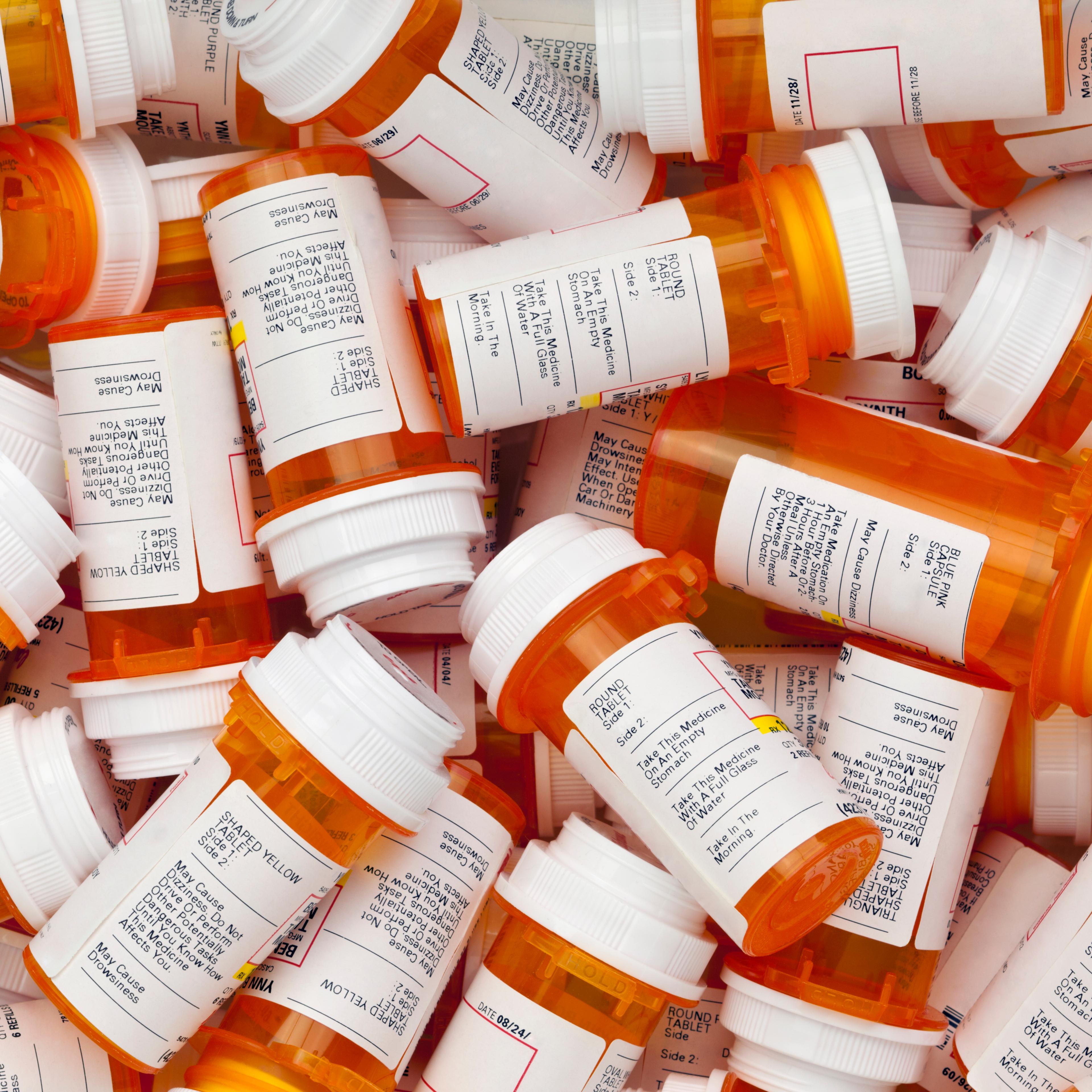 Dozens of prescription pill bottles