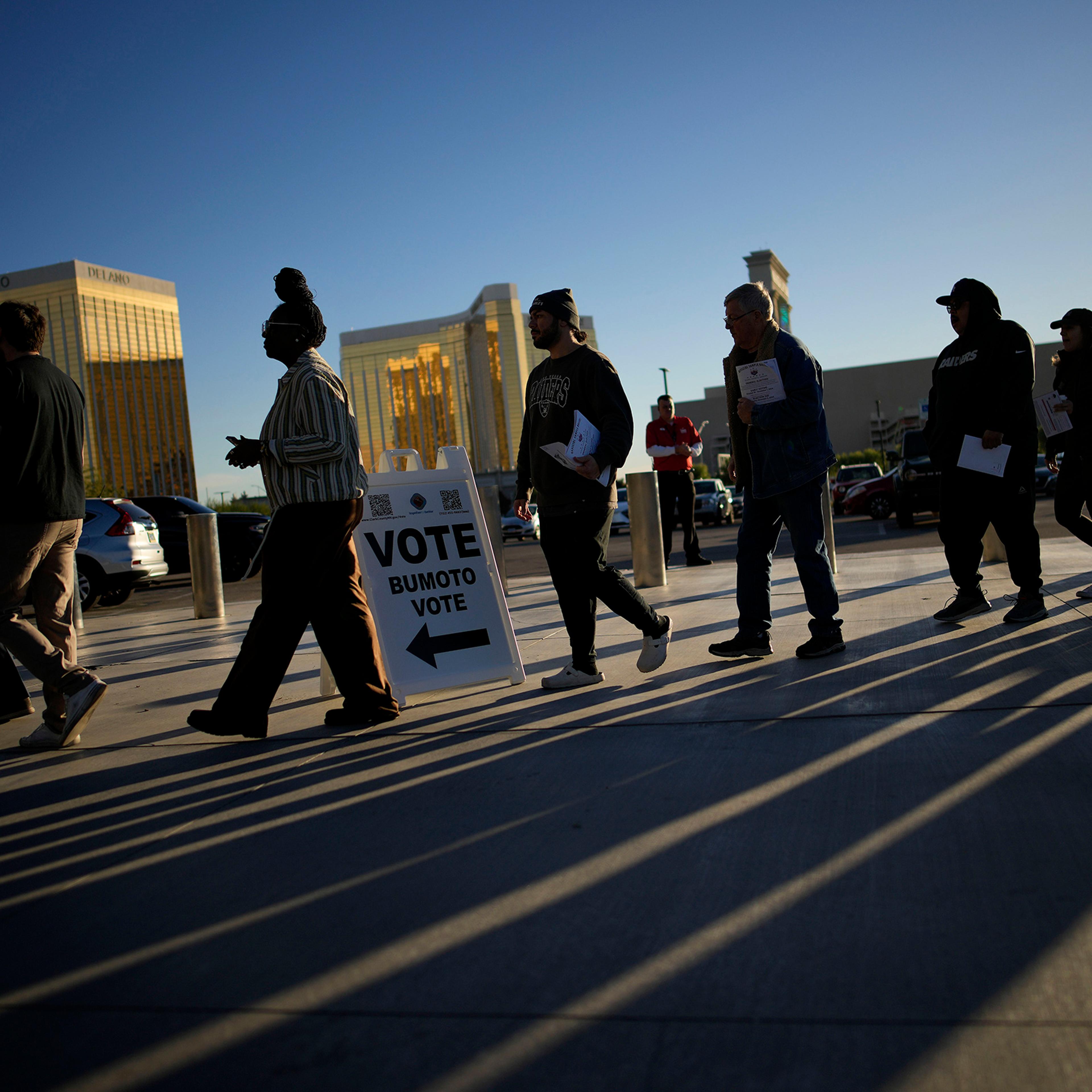 People line up to vote outside Allegiant Stadium, in Las Vegas, on Nov. 5, 2024.