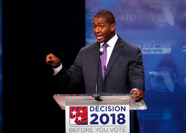 Democrat Andrew Gillum makes a point during his debate with Republican Ron DeSantis at Broward College October 24, 2018 in Davie, Florida.