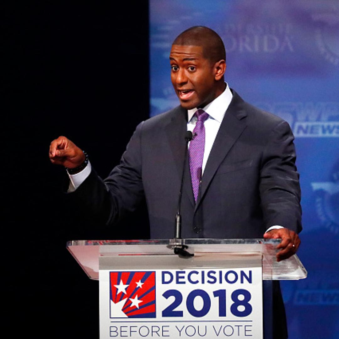 Democrat Andrew Gillum makes a point during his debate with Republican Ron DeSantis at Broward College October 24, 2018 in Davie, Florida.
