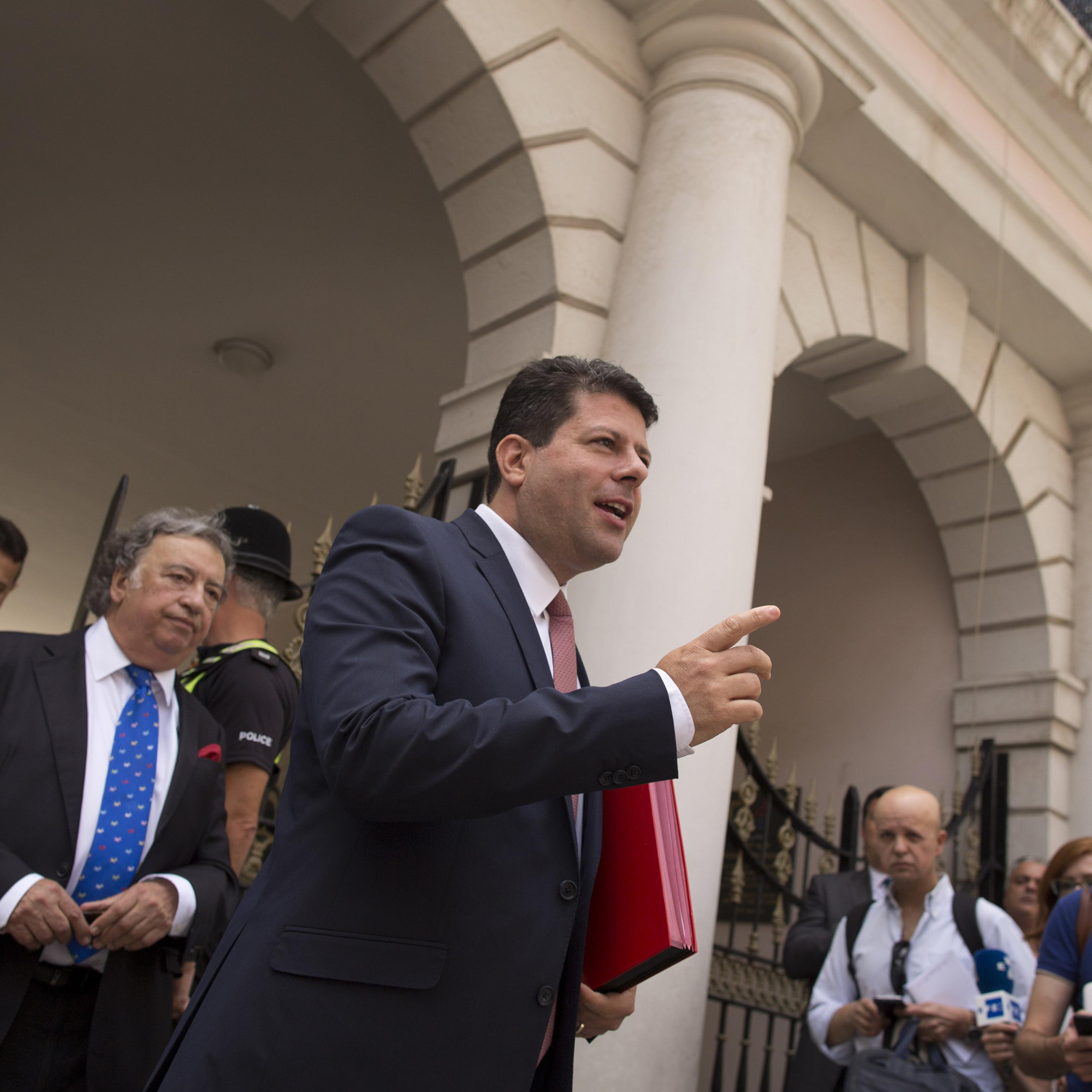 Chief Minister of Gibraltar Fabian Picardo (C) gestures a she leaves after a meeting with members of the Government in Gibraltar on June 24, 2016.