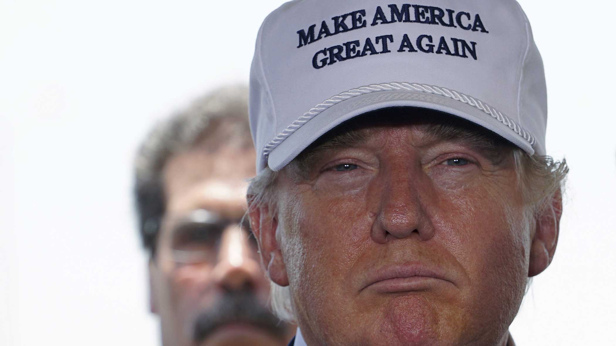 Republican presidential candidate Donald Trump is pictured at a news conference near the U.S.-Mexico border outside of Laredo, Texas