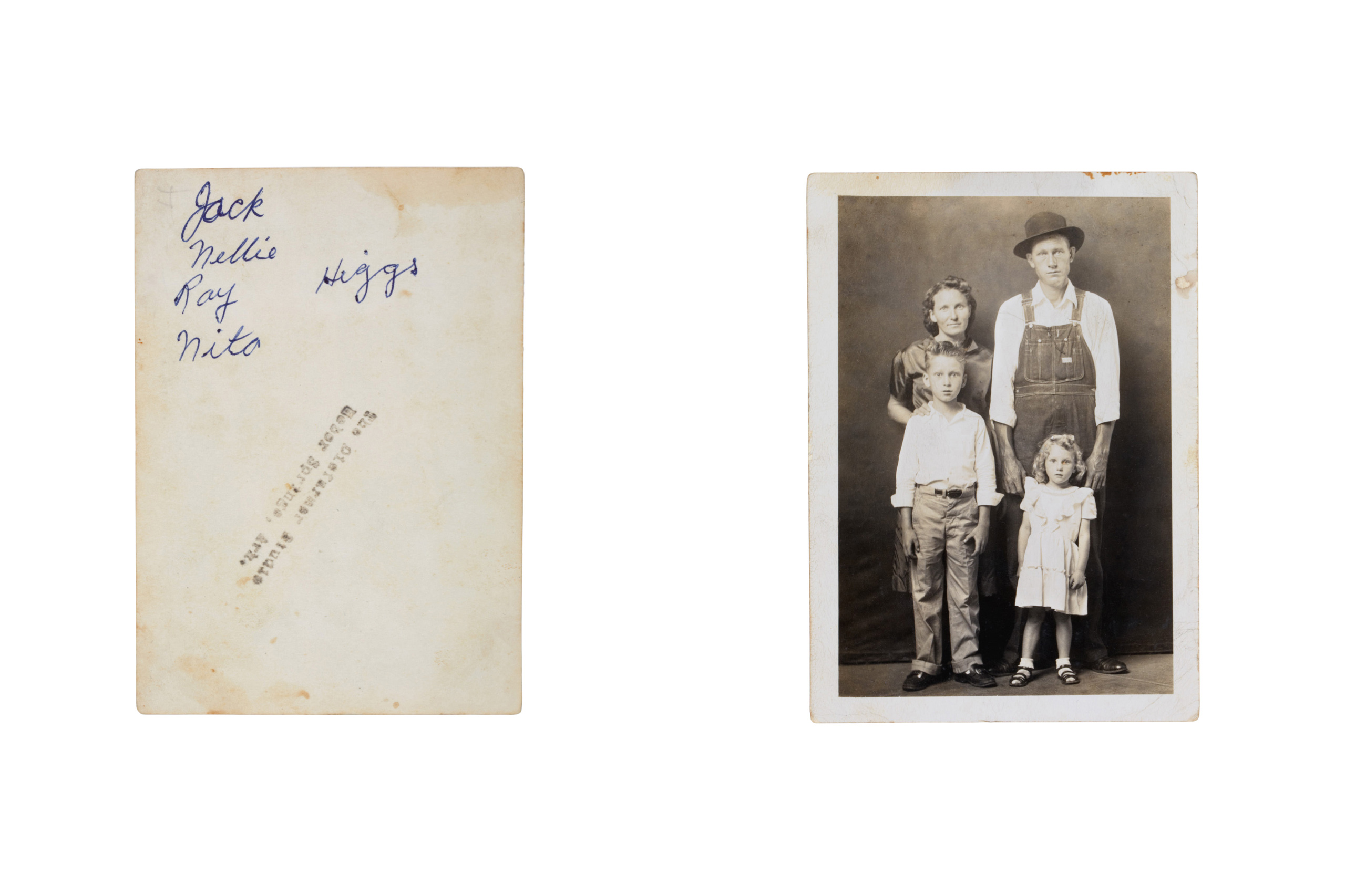 "Jack/Nellie/Ray/Nita/Higgs". Stamp: "The Disfarmer Studio, Heber Springs, Ark." ca., 1950