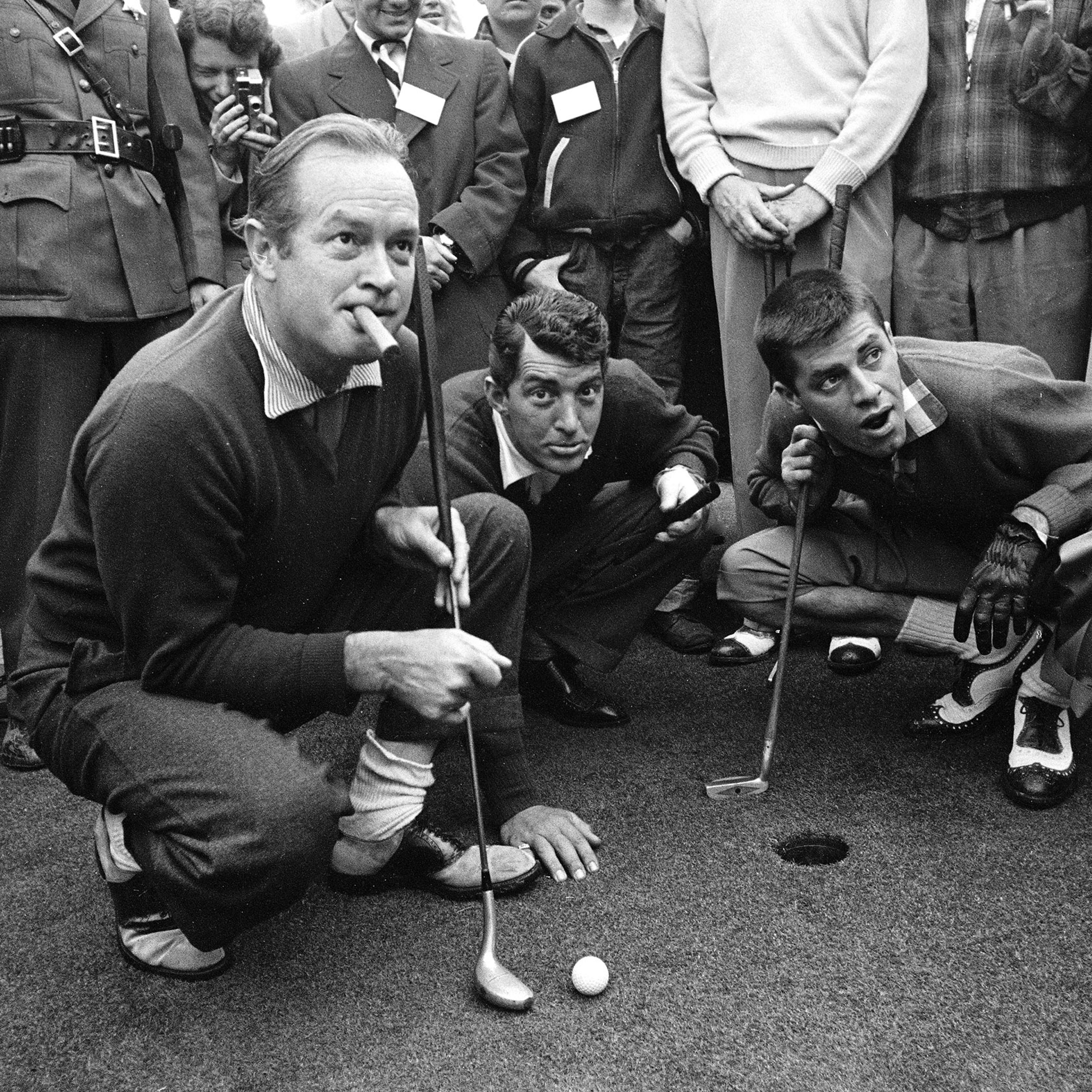 Bob Hope, Dean Martin and Jerry Lewis at a golf tournament, 1950.